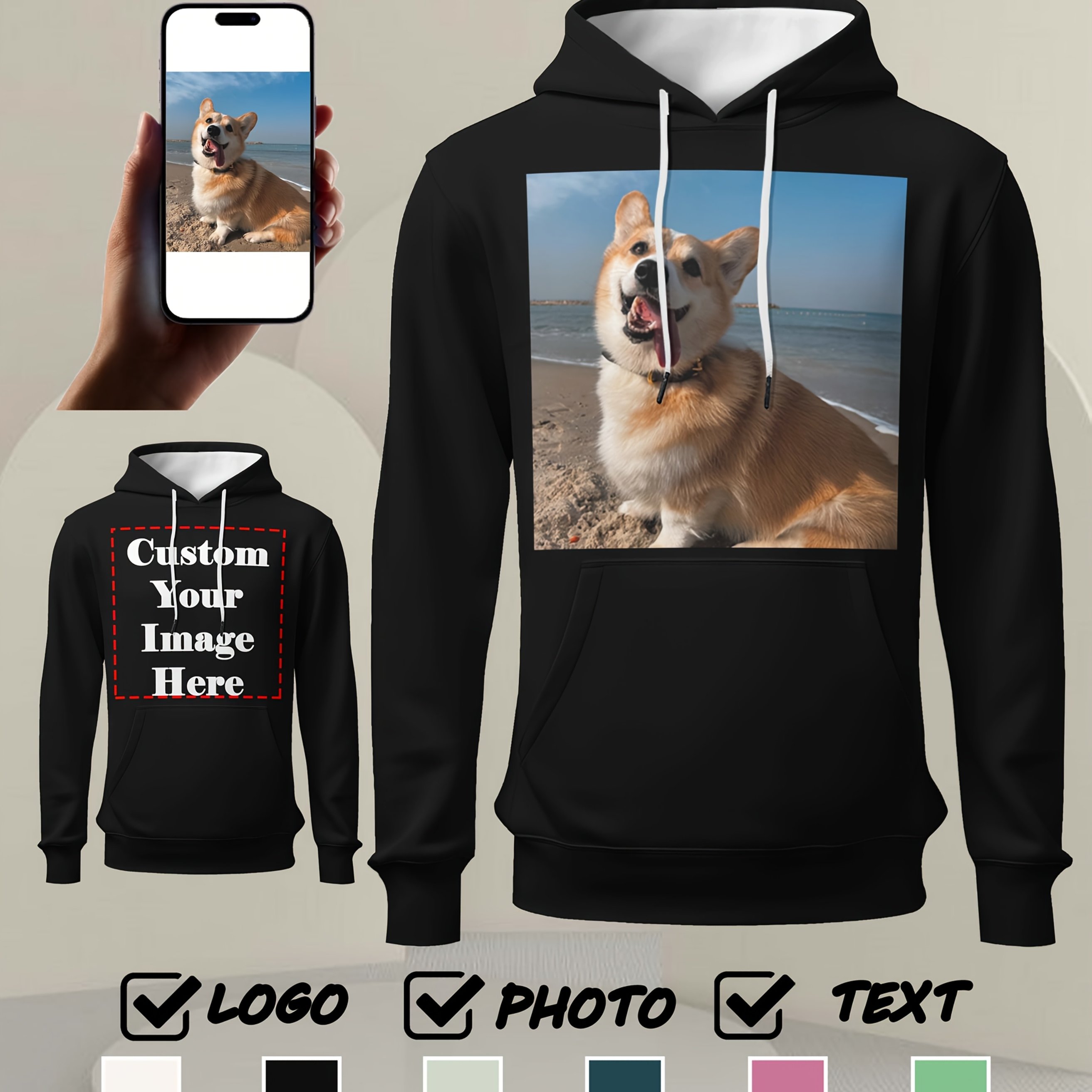 TEMU Men's Custom Photo & Logo Hooded Sweatshirt - Personalized Long Sleeve Pullover, Soft Casual Fit, Multiple Colors, Ideal Gift For Boyfriend & ,