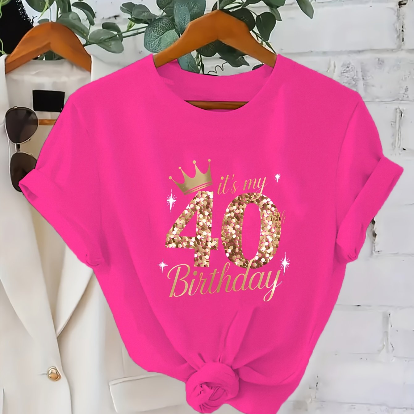 TEMU Elegant Women's 40th Birthday T-shirt - 2d Shiny Stars, Short Sleeve, Crew Neck, Casual Summer Top, Casual Wear | | , Birthday Party Outfit