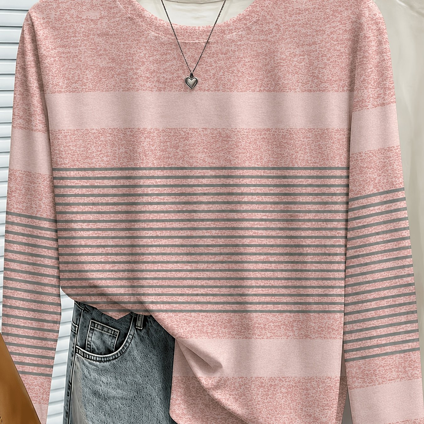 TEMU Plus Size Women's Round Neck Pink- Striped Print Long Sleeve Pullover Sweatshirt, 1pc Print T-shirt, And Figure-flattering Loose , Versatile For