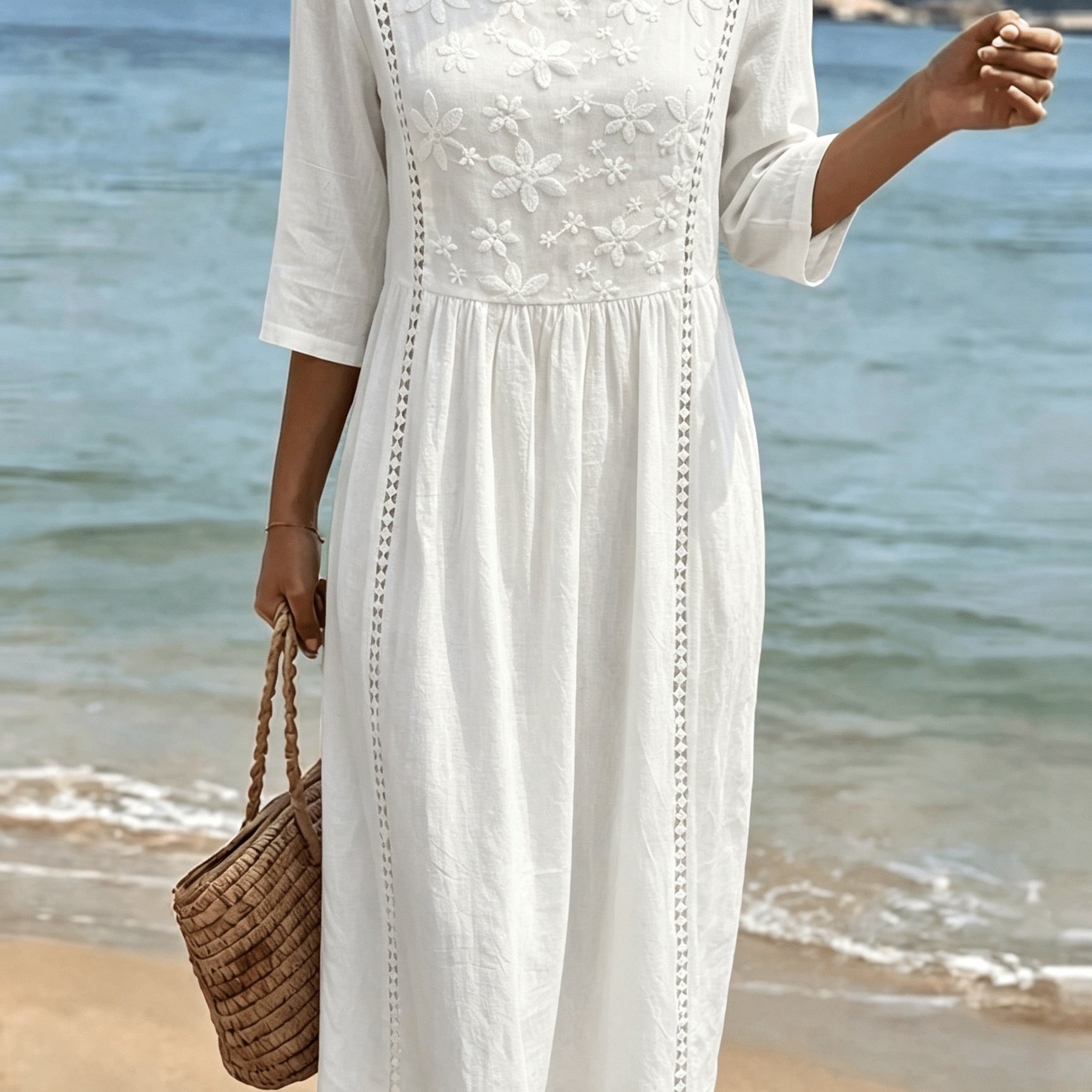 TEMU Women's Retro Elegant Square Neck Elbow Sleeve Floral Embroidered Solid Color A-line Dress With Button Detail, Summer Loose Comfortable Vacation