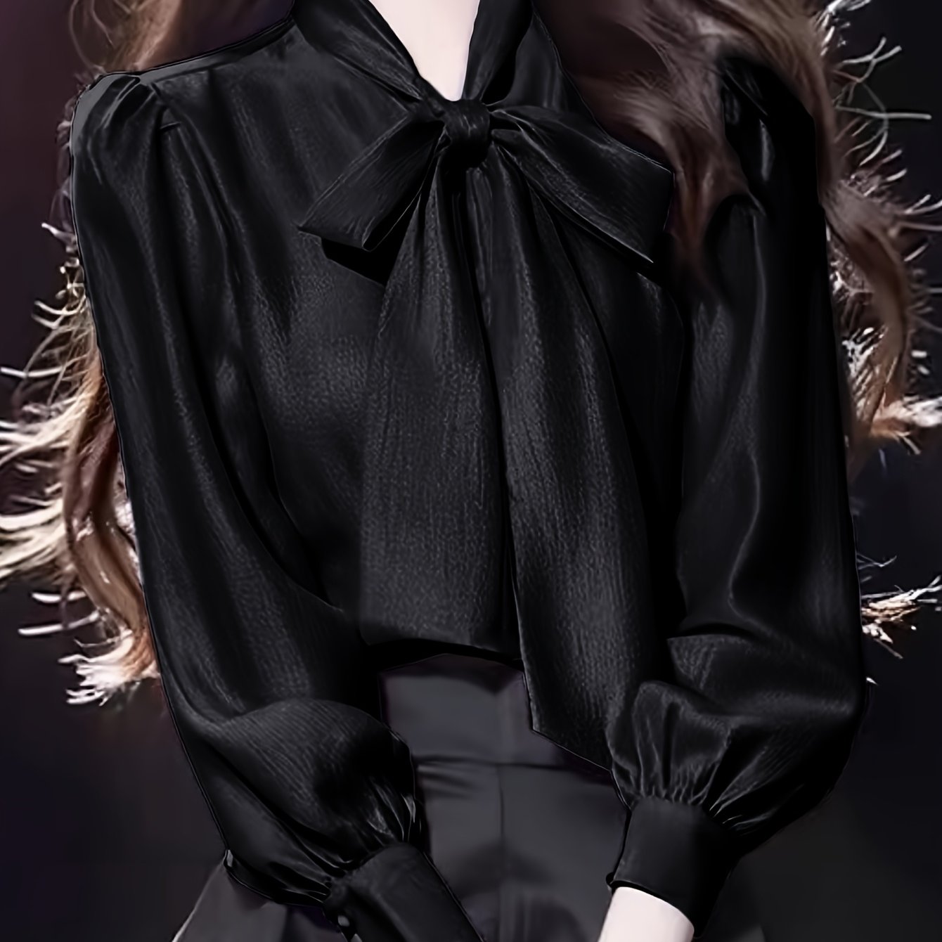 womens satin blouse bow tie detail shirt puff sleeve long - Temu