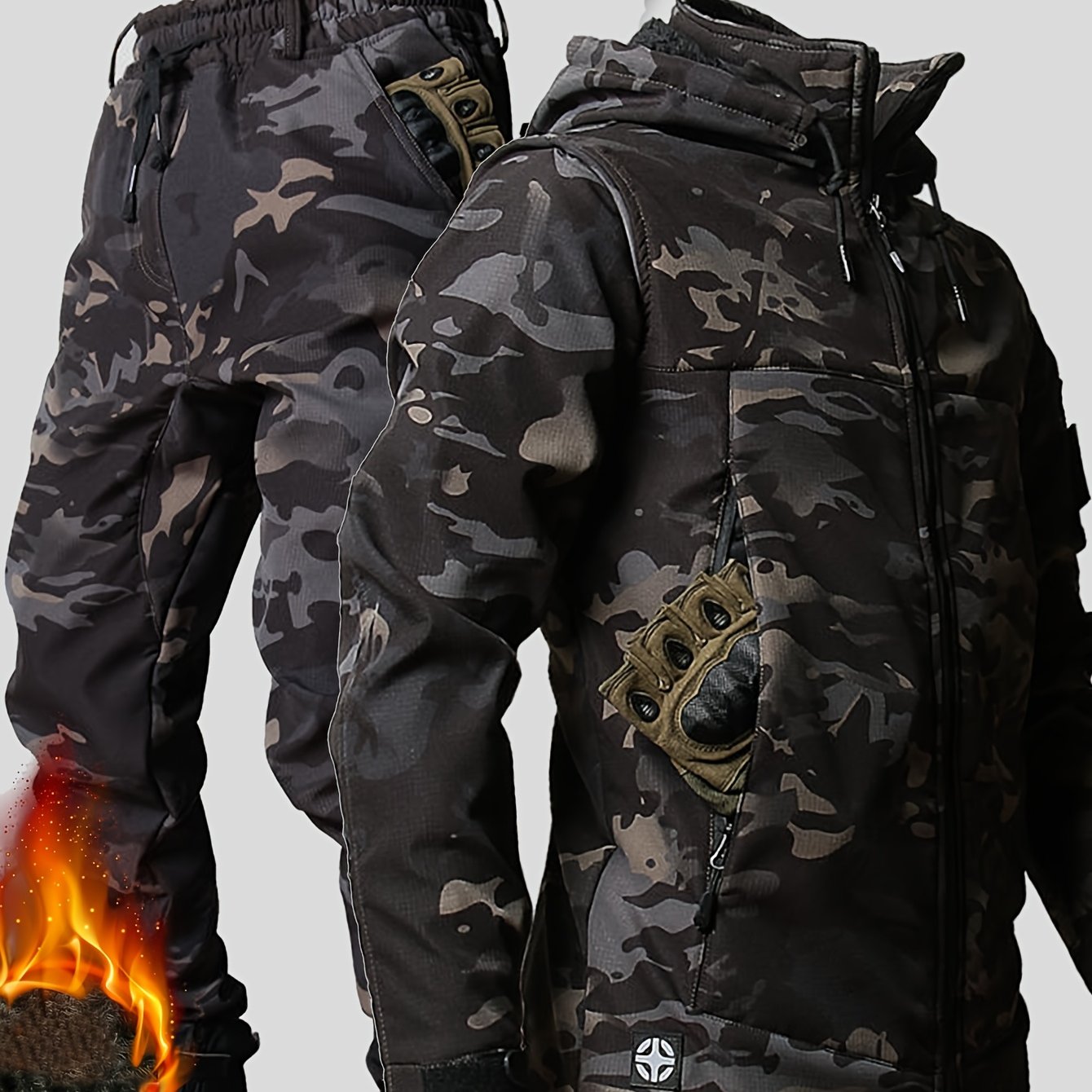 Image of Men's Autumn And Winter Fleece Thick Winter Suit Jacket, Long Pants Hooded Suit, Warm Workwear, Multi-pocket Casual Hunting Outdoor Wear-resistant Men's Winter Jacket