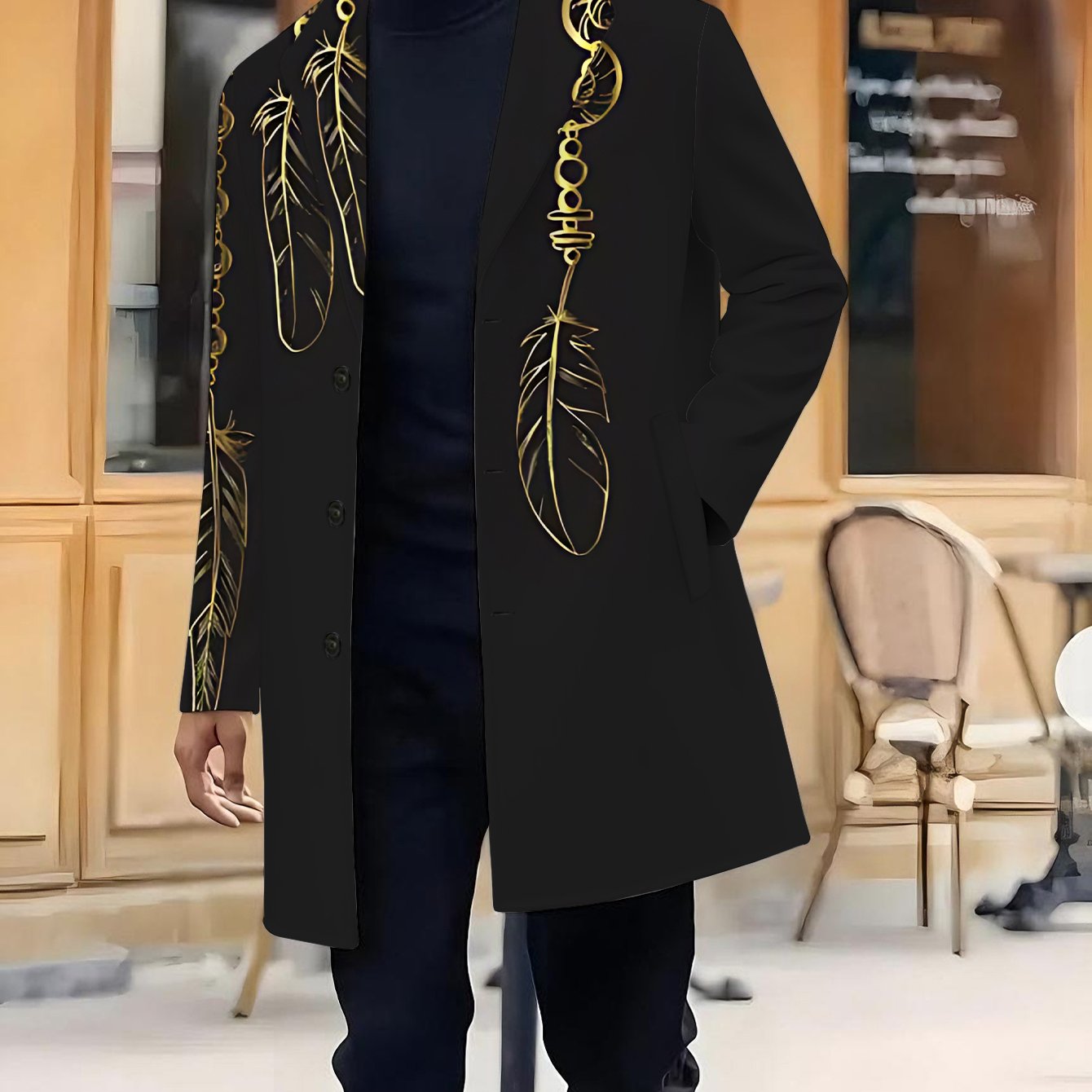 TEMU [printed Design â Not Textured] Plus Size Men's Casual Overcoat Autumn/winter Tweed Jacket With Black And Drape Decoration, Trendy, Comfortable