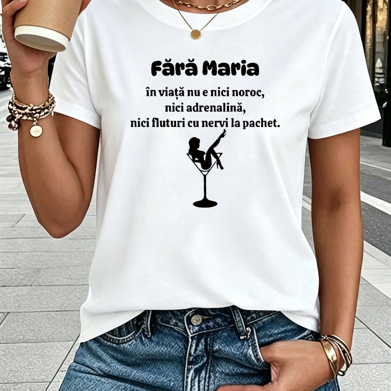 TEMU Women's Romanian T-shirt "fără Maria În Viață Nu E Nici " - Short Sleeve Crew Neck Casual Top With Letter Print, Spring Summer Blousewear