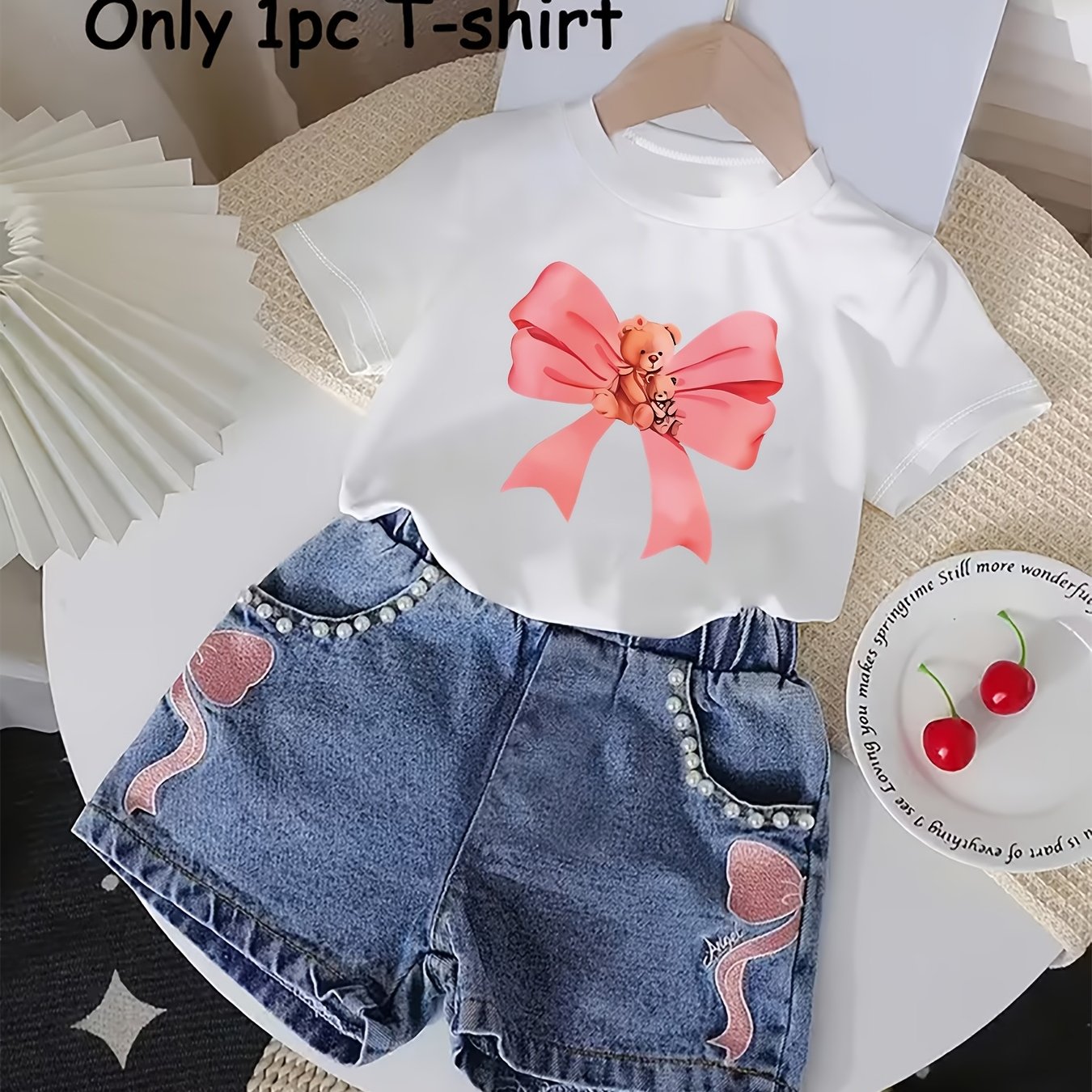 Image of A Cotton Children's T-shirt Designed With A Cute Bear And Pink Bow Theme Girls' T-shirt Casual Summer Style For Daily Wear Playtime Or Outdoor Activities Great Gift For Kids