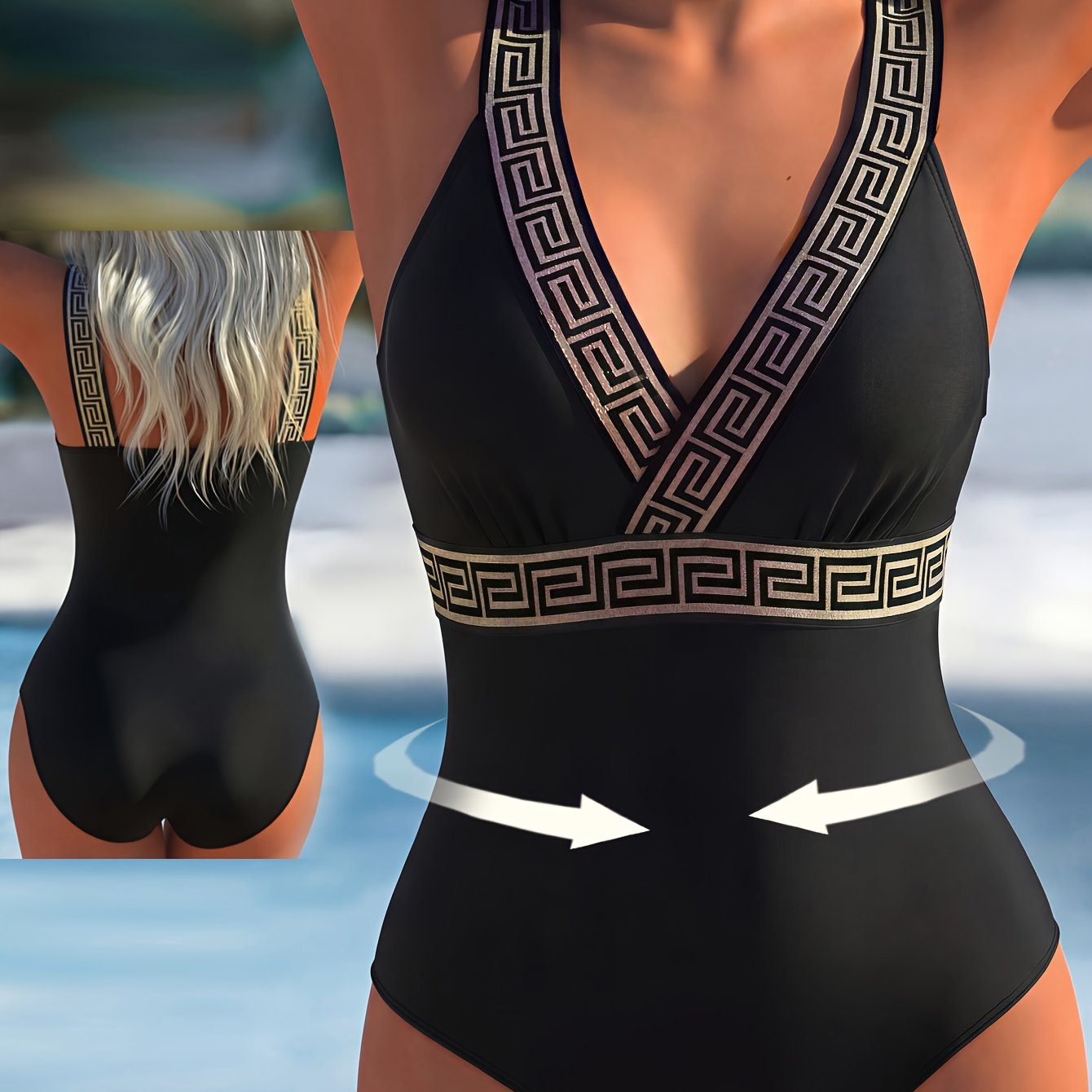 Women's Fashion Sexy Golden Backless Deep V Neck Full Coverage Swimsuit With Mesh Panel Inserted Waistband