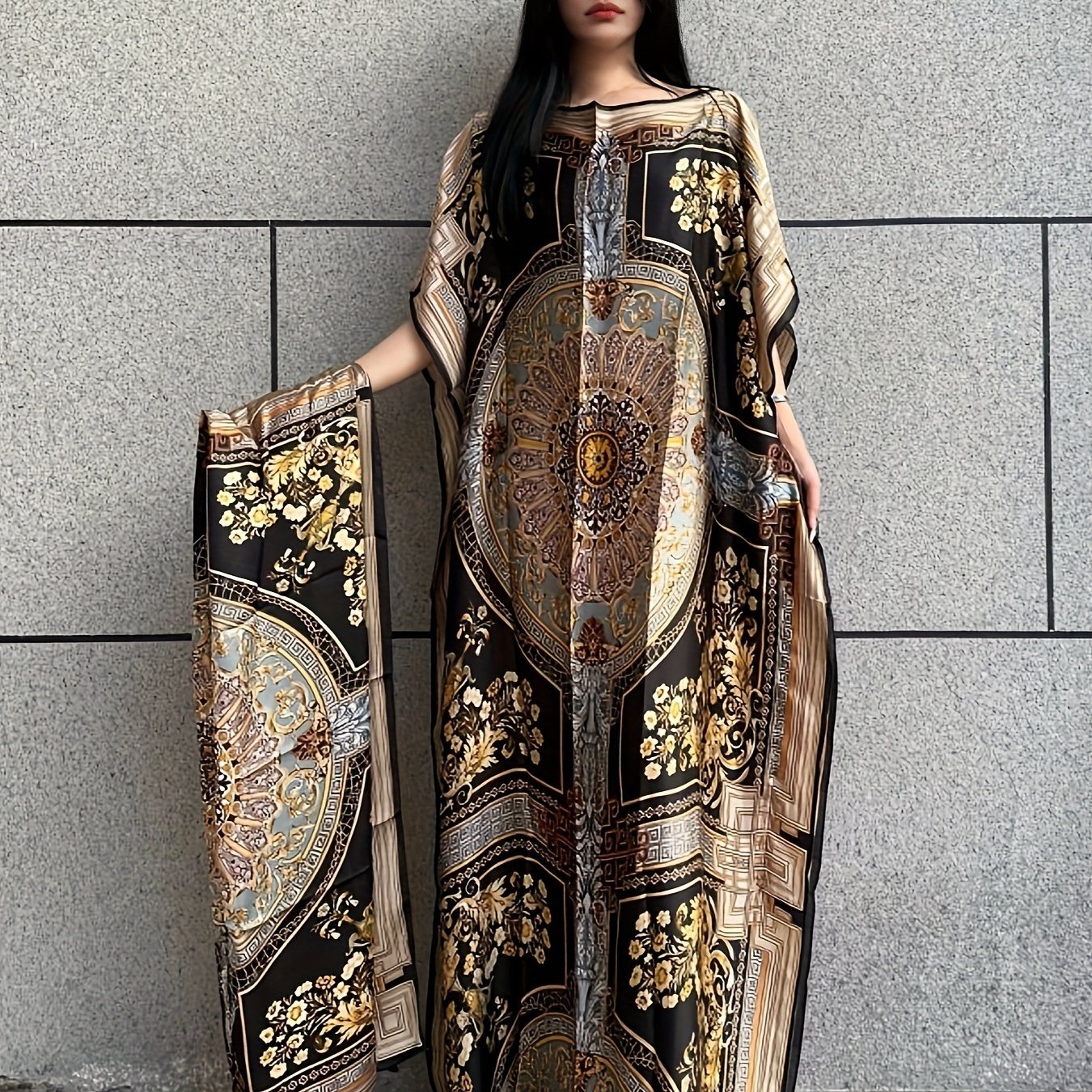 Image of Summer Ramadan Graphic Print Crew Neck Kaftan Abaya - Modest Short Sleeve Maxi Dress For Women