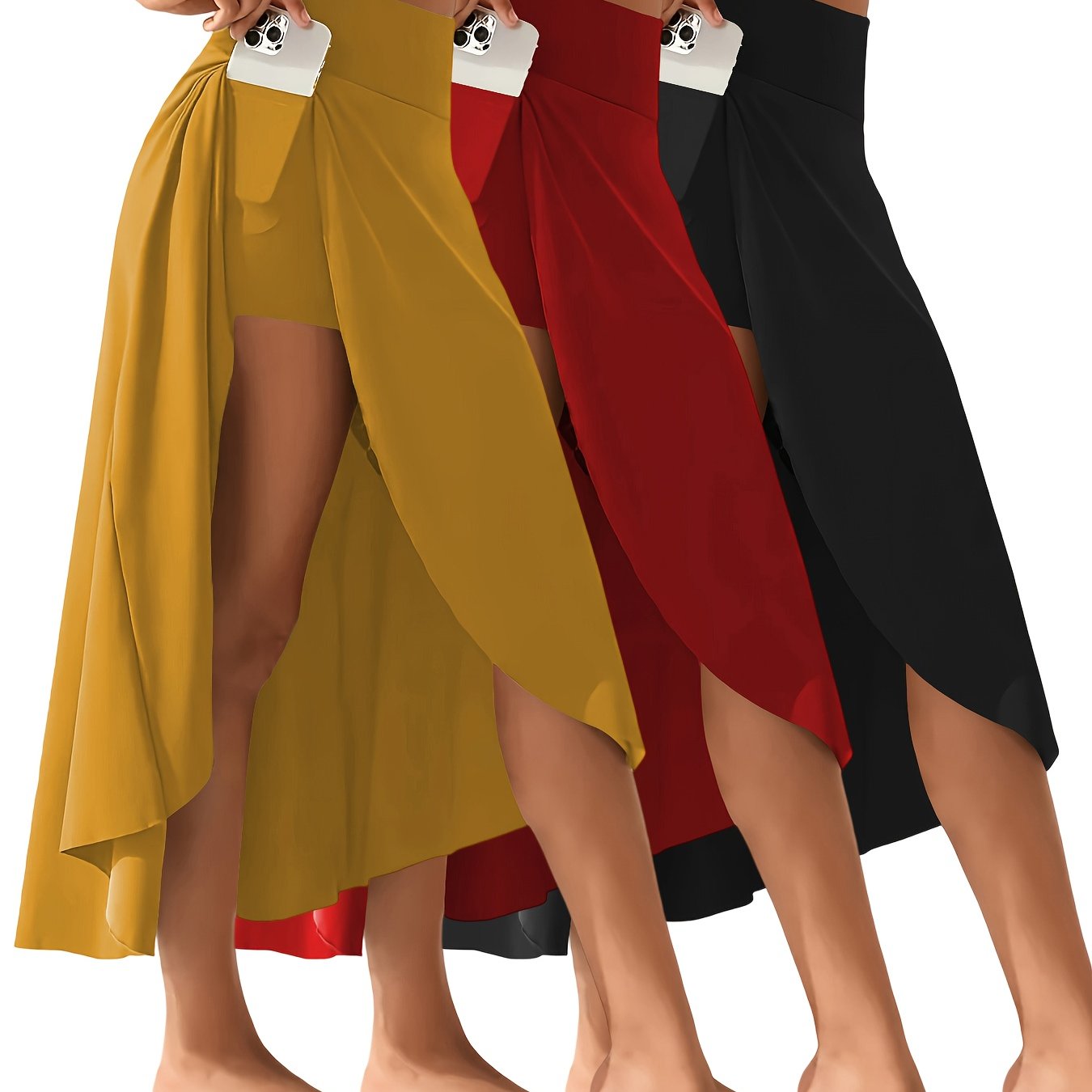 TEMU 3pcs Trendy Hot Short Set   Elegant Skirt, Solid Color, Quick-drying, With Pockets, Ideal Soft Fabric, Everyday Wear, Summer Beachwear,