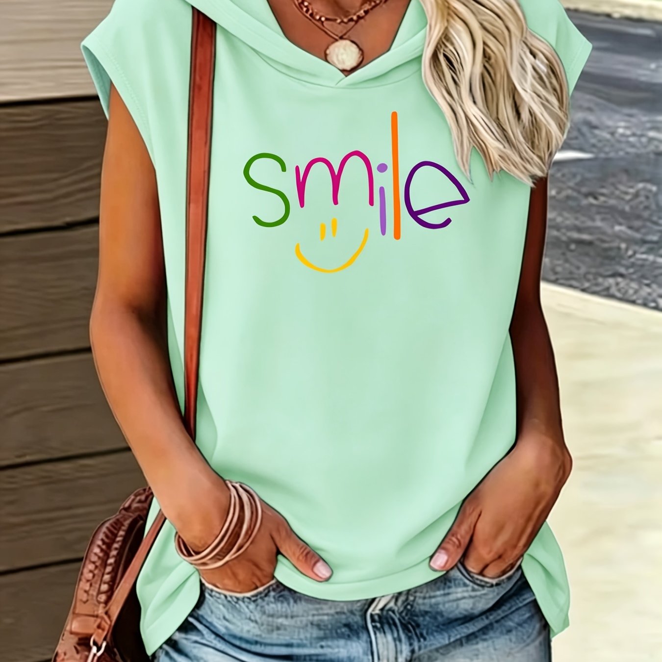 TEMU Women's Summer Colorful And Smiling Print Sleeveless Hooded T-shirt, Casual Loose Tank Tops, And Daily Wear Tops