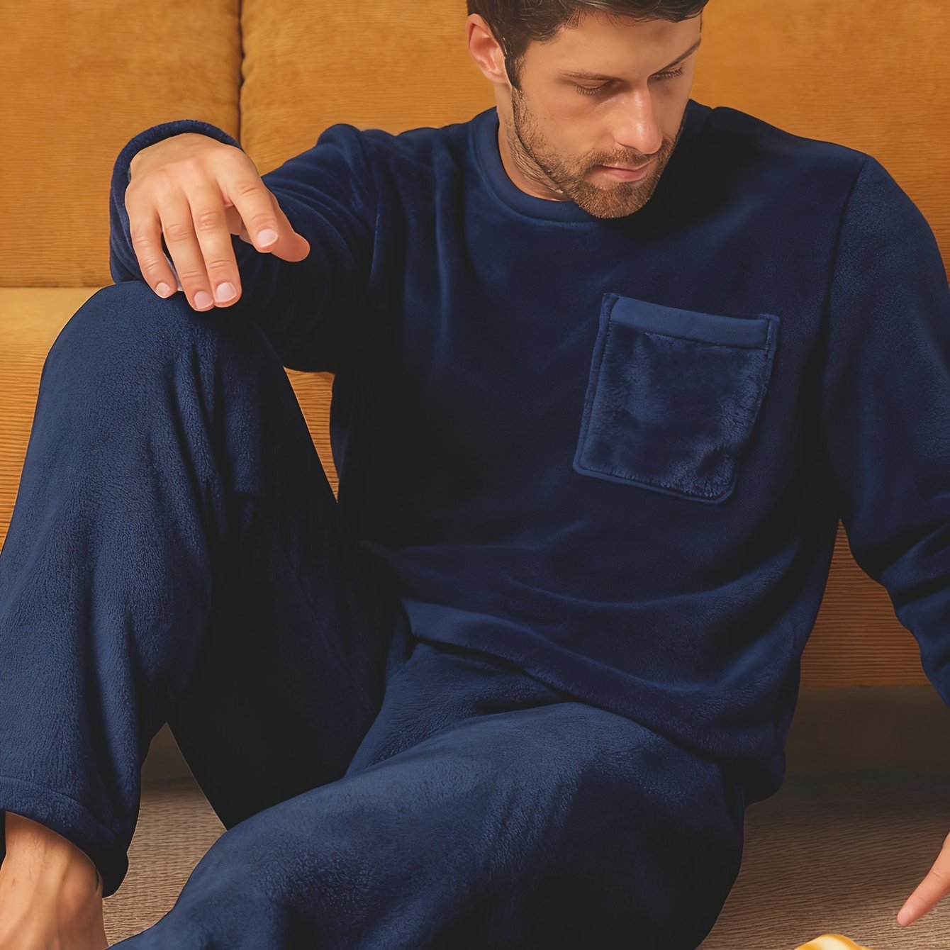 Image of 2pcs Men's Heavyweight Winter Pajamas - Thick Warm Solid Color Nightgown With Long Sleeve & Pants, Soft Round Neck Sleepwear For Weather, Machine Washable - Sleepwear Suitable For Men