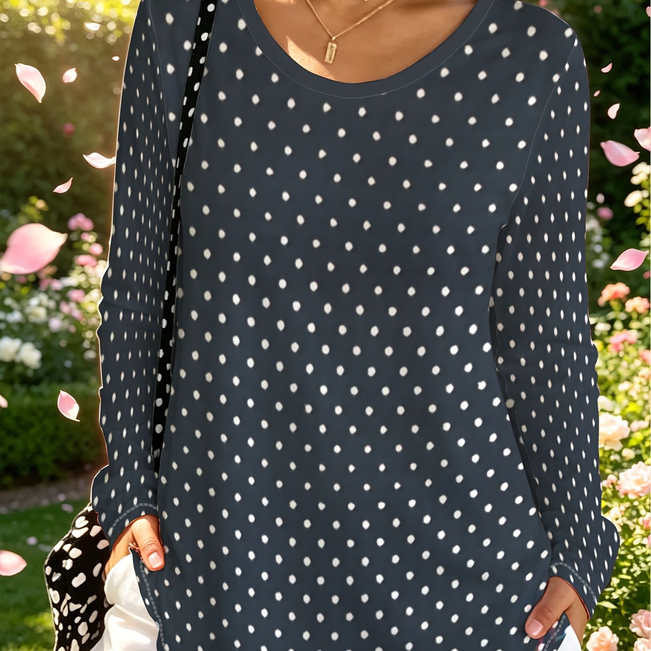 TEMU Plus Size, Plus Size Casual Swear Women's Polka Dot Long Sleeve Loose Top, Women's Crew Neck Pullover, Versatile Casual Spring/autumn Women's
