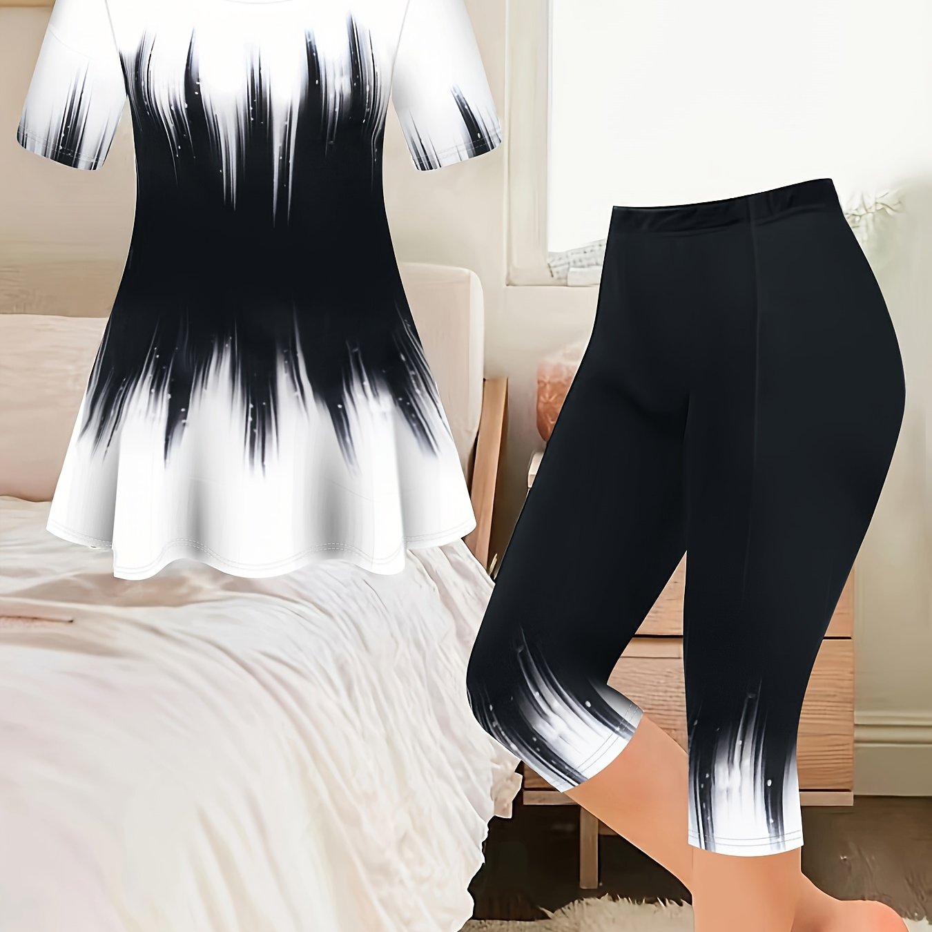 Targeted Development Women's Daily Outing Print Short Sleeve Round Neck Top And Leggings Set