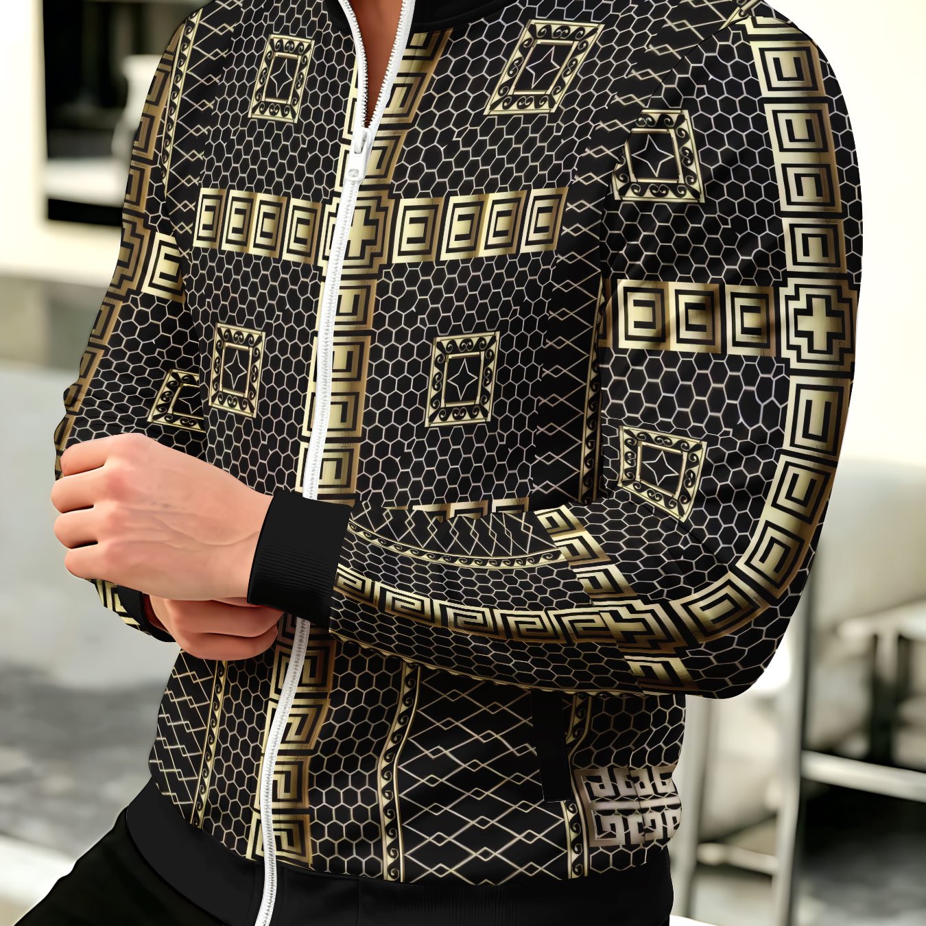 TEMU Autumn Winter Long Sleeve Zippered Athletic Jacket, Black And Golden Retro Geometric Honeycomb Print, Stand Collar Casual Sports Top, Teenager