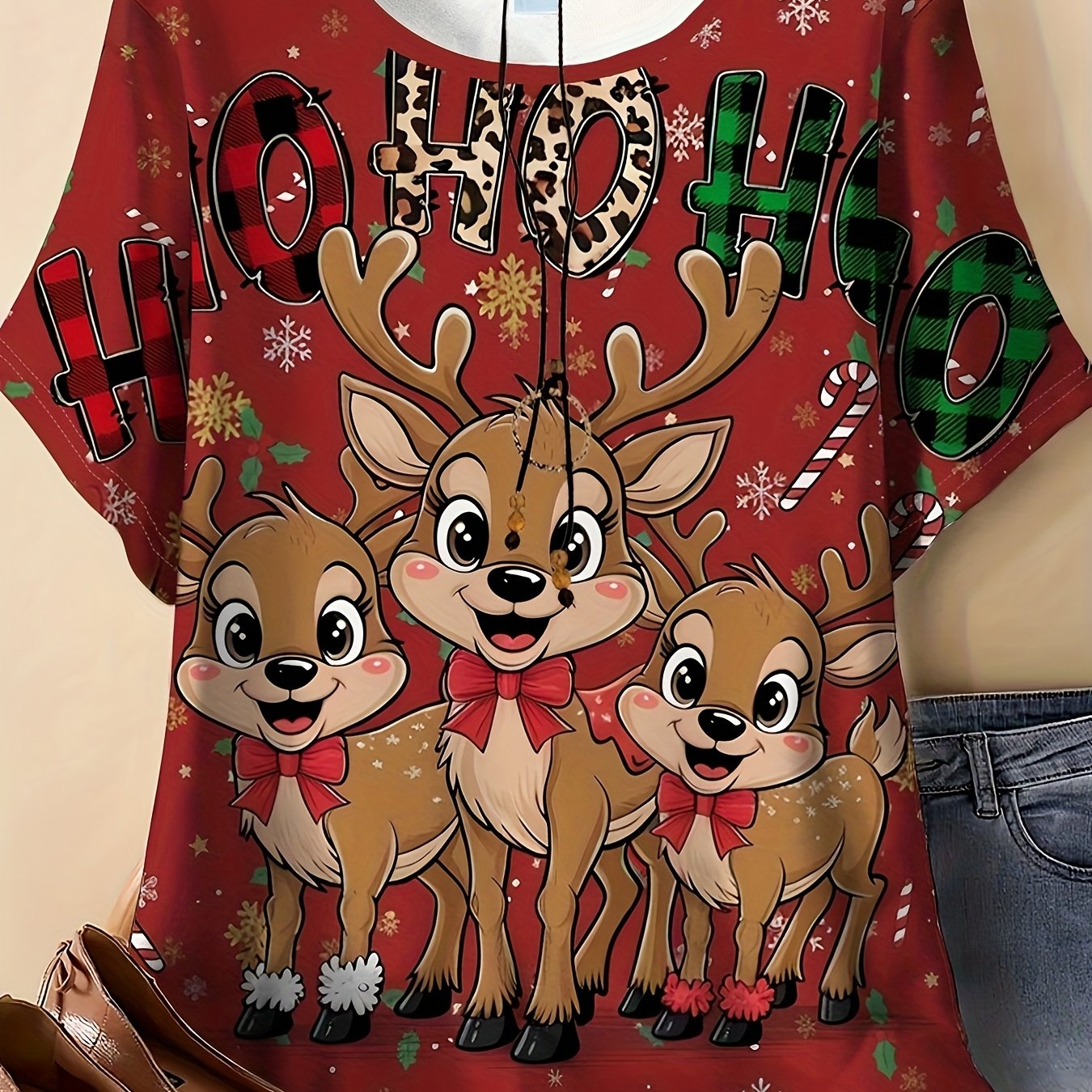 TEMU Plus Size - Plus Size - Plus Size, Women's Clothing, Loose Fit For Ladies, Christmas Element Christmas Hat Christmas Reindeer Letter Print