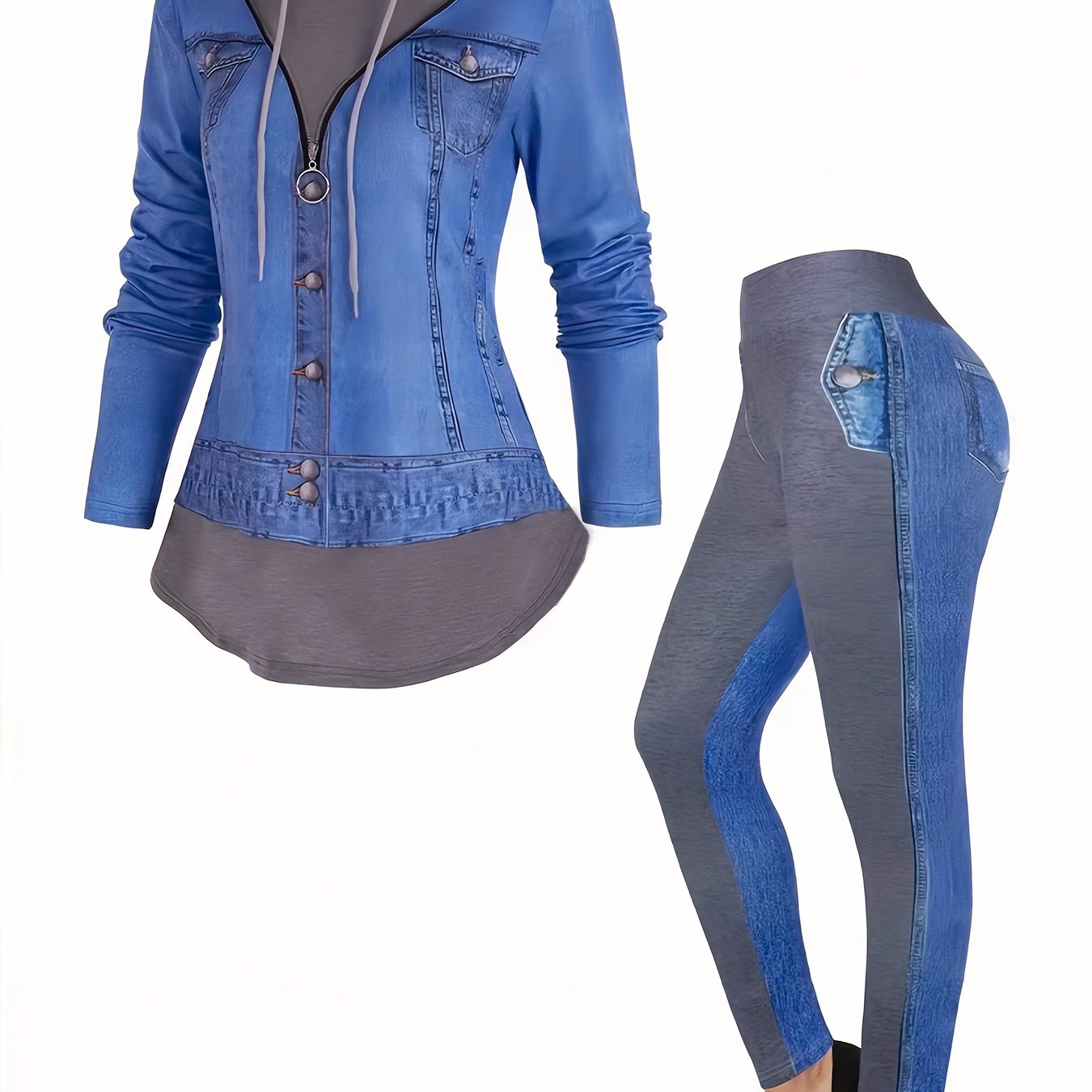 TEMU Casual Print Pants Set, Drawstring Long Sleeve Hoodie & Waist Stretchy Leggings, Women's Clothing