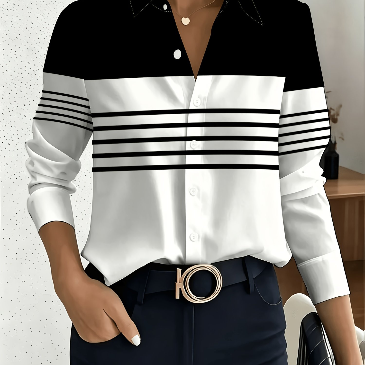 TEMU Elegant Lapel Blouse For Women With Striped Print, Suitable For Multiple Occasions