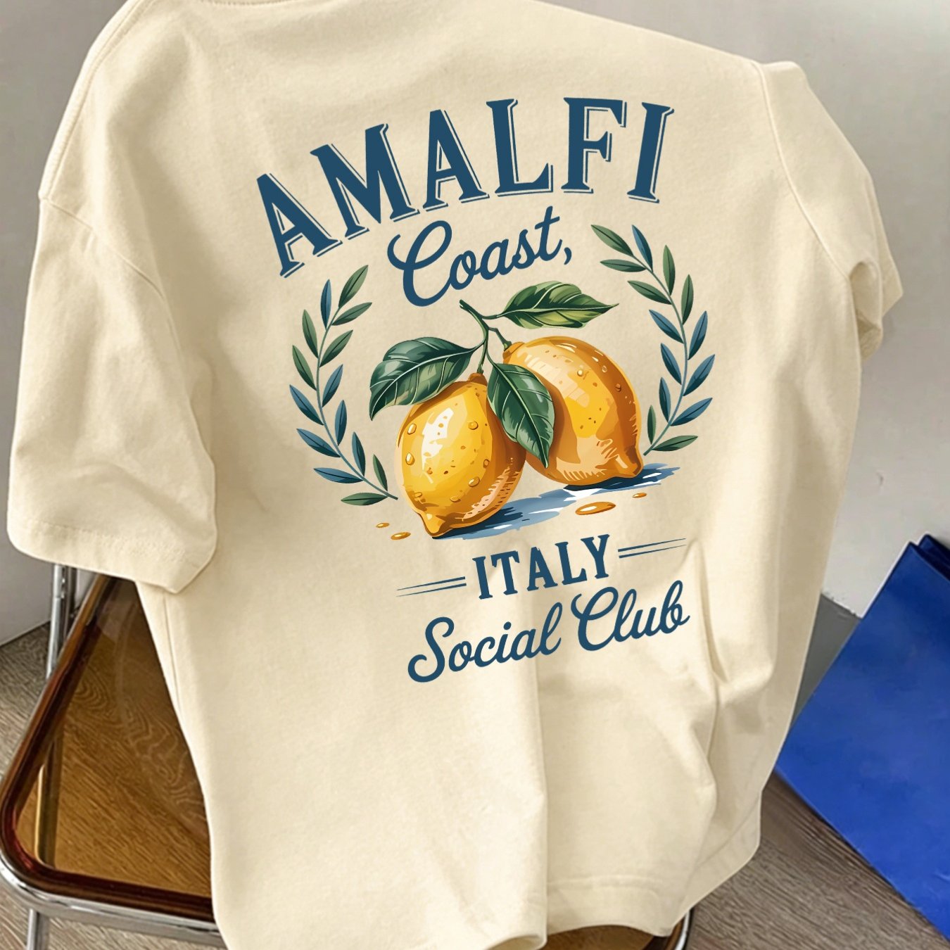 Image of Men's Round Neck Short-sleeve T-shirt Featuring Amalfi Italian Lemon Print, Perfect For Vacation, Casual Wear, Comfortable, Soft, Breathable, And A Summer Essential