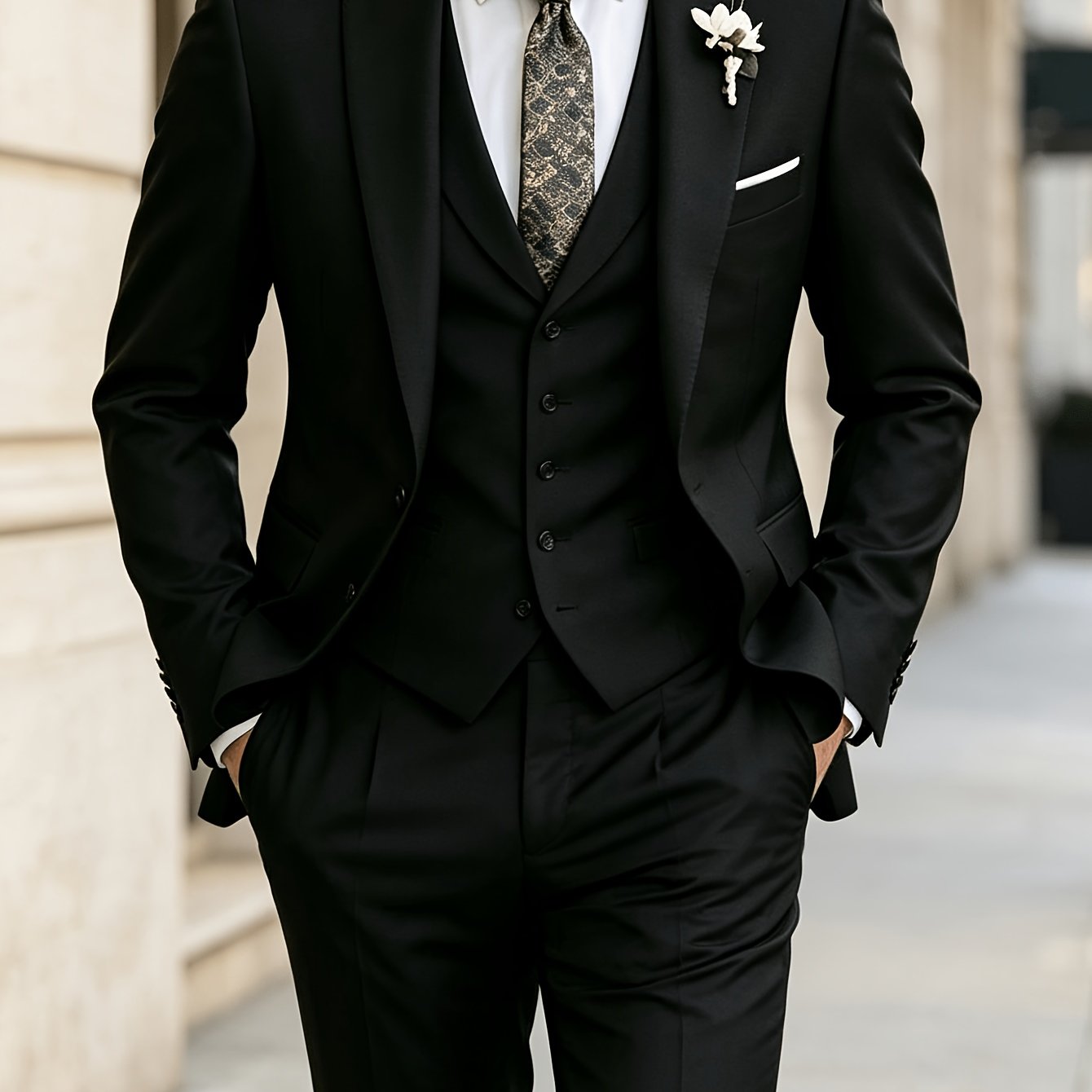 TEMU Men's Slim Fit Black Single-breasted Suit Jacket, Versatile Formal Suit Top For Weddings And Business