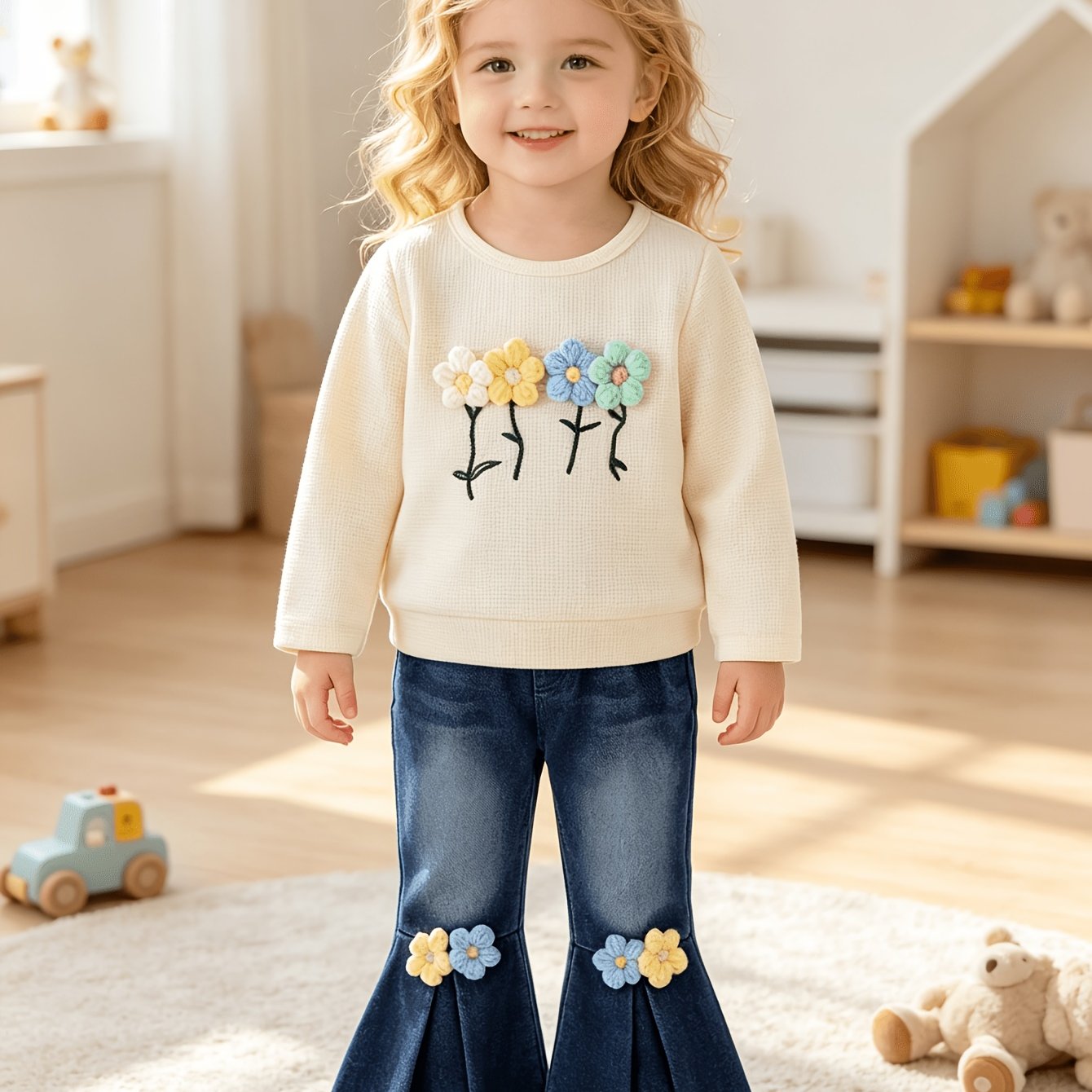 TEMU 2pcs Baby Girls Set 3d Floral Long Sleeve Top Denim Flare Jeans Outdoor Play Outfit, Perfect For Outdoor