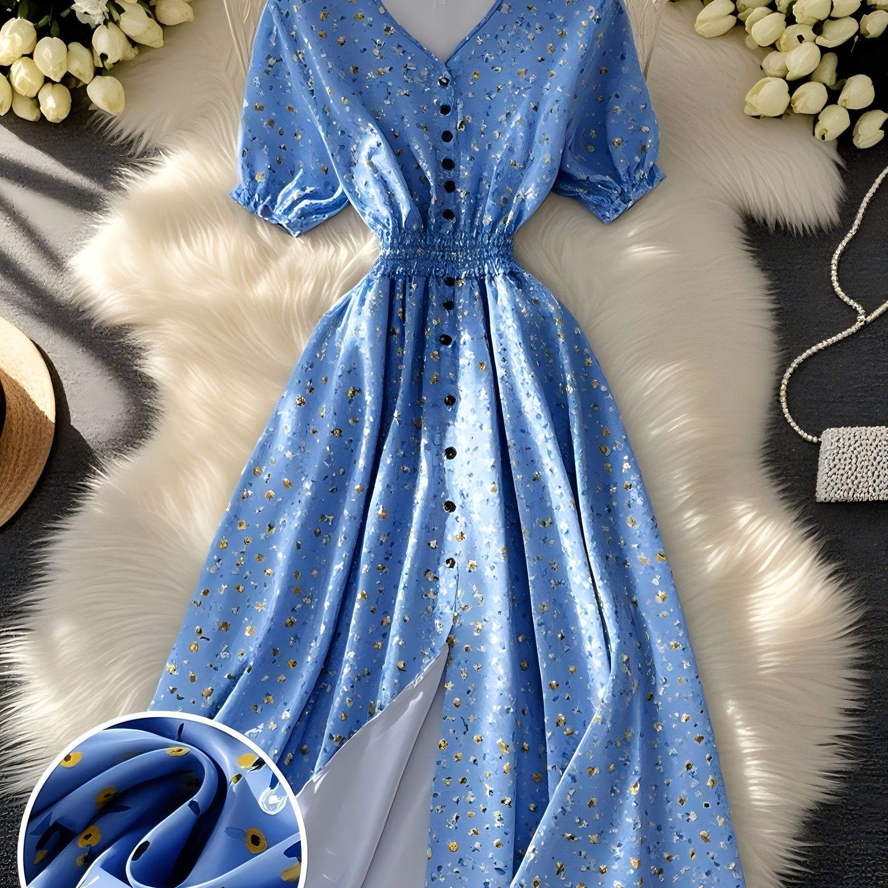 E-shop High-End Damenkleid mit Taillenbetonung, europäisch-amerikanischer Stil, bedrucktes Maxikleid mit Retro-Blumenmuster und Blasenärmeln