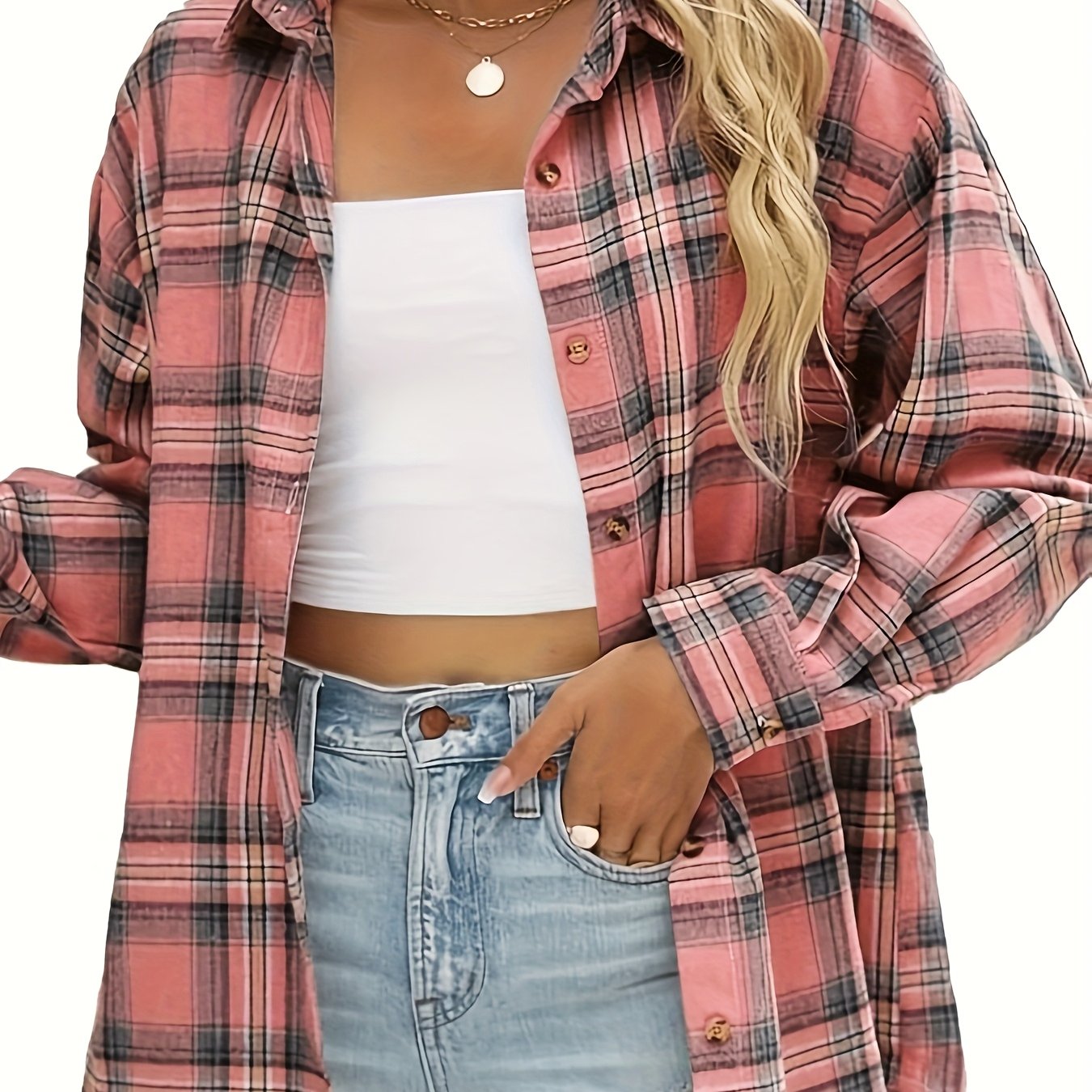 E-shop Elegantes Damen Freizeit Flanellhemd mit Karomuster, lockere Passform, geeignet für alle Jahreszeiten, Langarm-Oberteil, für Ausflüge,