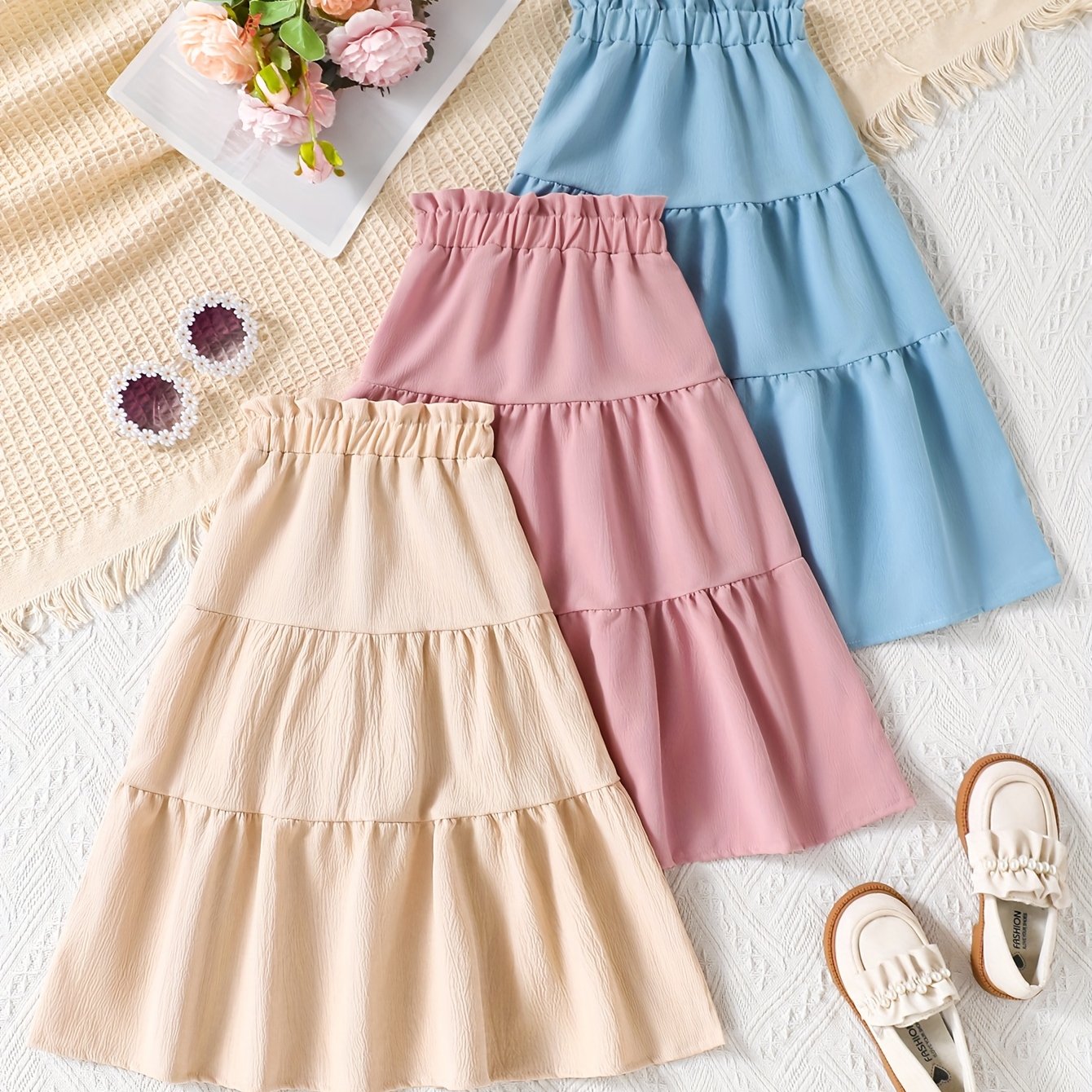 3pcs Young Girl Vacation Country Style Comfortable Solid Color Skirts, Suitable As A Gift For Daughter