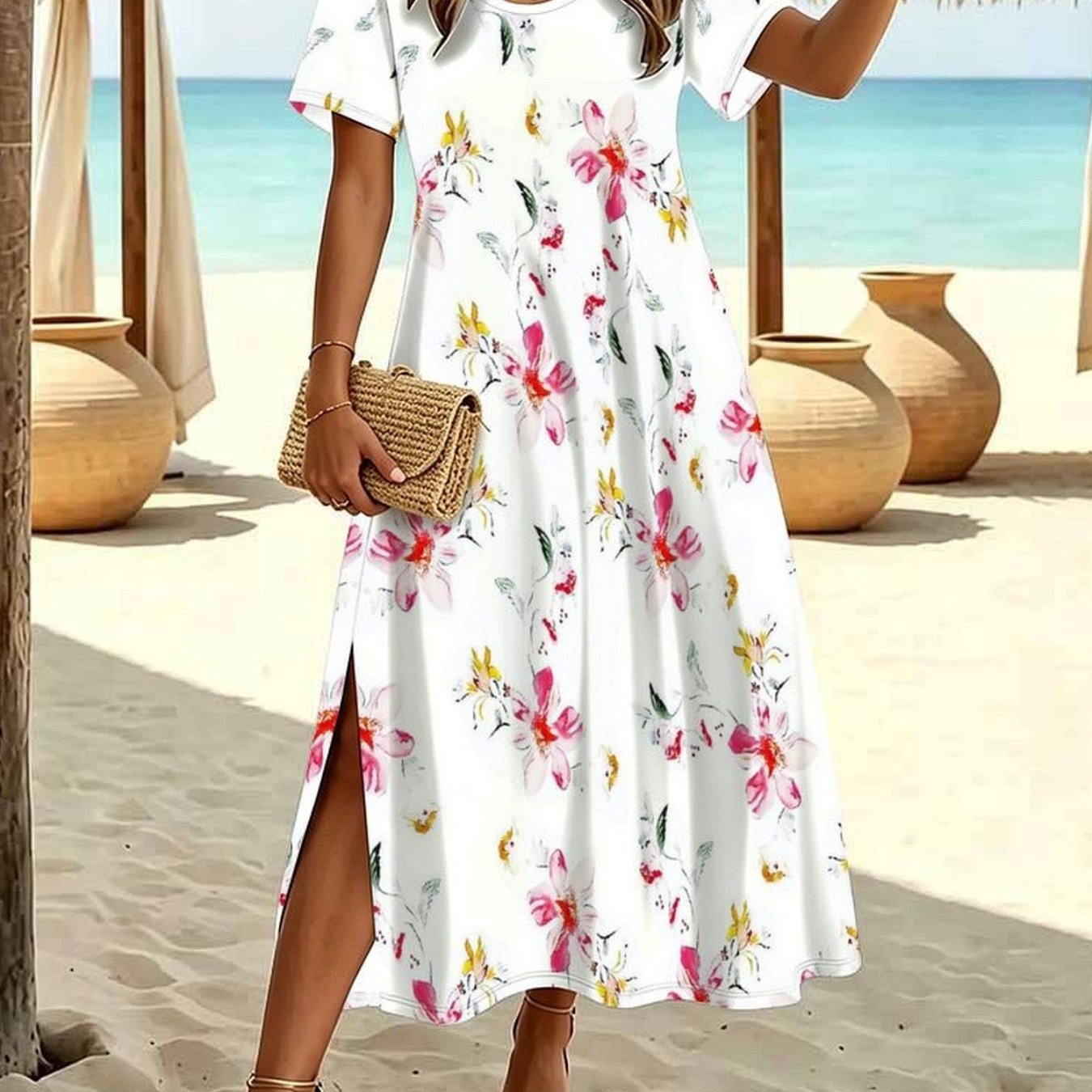 Plus Size, Plus Size Women's Summer Fashion Dress, Casual With Tiny Botanical Floral Print, Crew Neck Short Sleeve Split Hem Elegant Dress.
