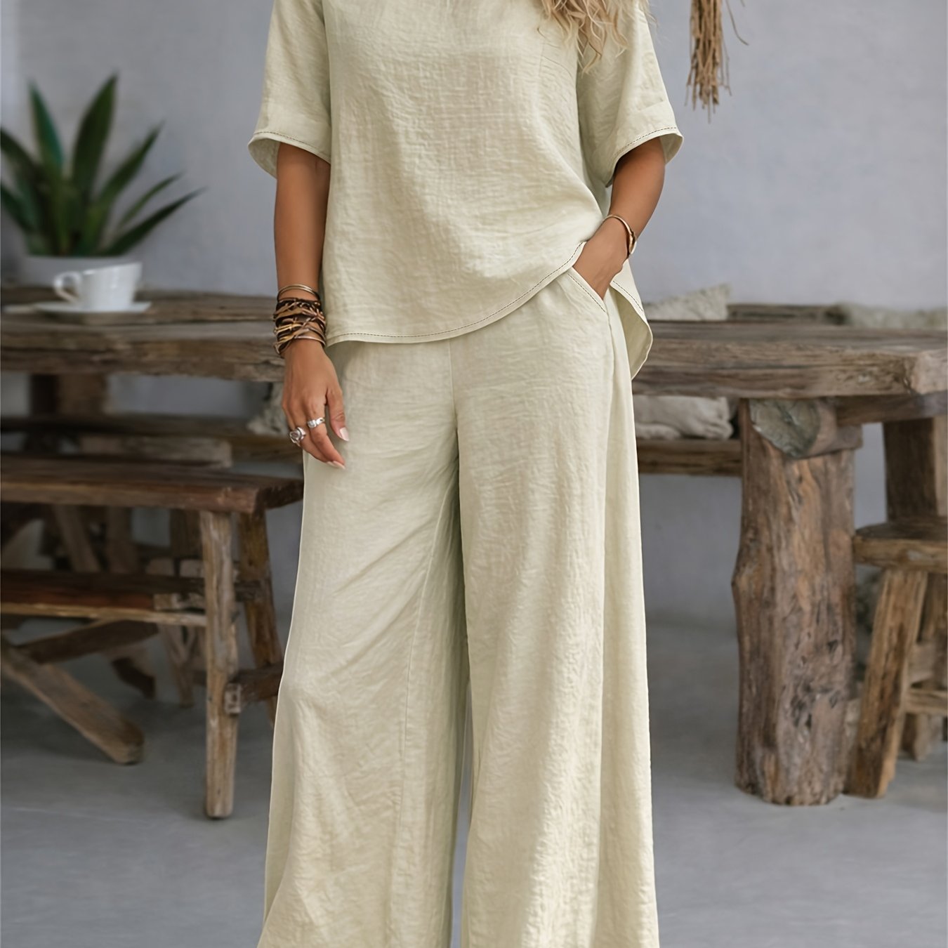 TEMU Women's Casual 2pcs Set: Solid Color Loose Short Sleeve Crew Neck Shirt Top + Wide-leg Long Pants