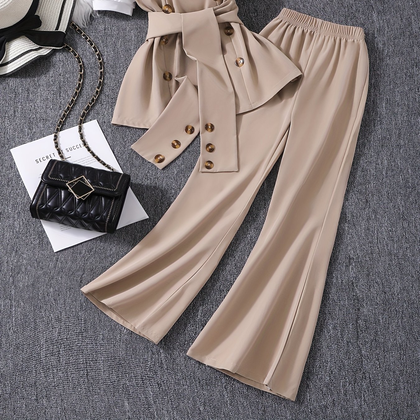 Image of Tween Girls 2pcs Outfit Preppy Lapel Collar Shirt Top Double-breasted Belted Waist And Flare Pants Set Elegant Big Girls Clothes, For Outdoor, For Teenager, Christmas, Halloween, For Teenager