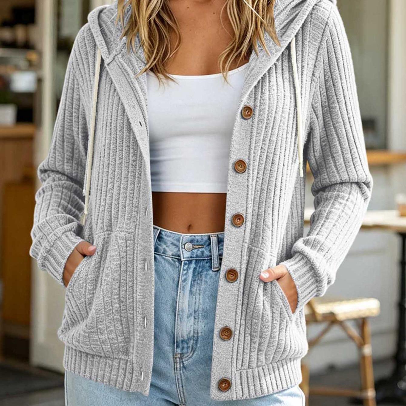 Image of Women Hooded Button Front Ribbed Cardigan Drawstring Hood Long Sleeve Side Pockets Loose Casual Outerwear For Daily Street Outfits