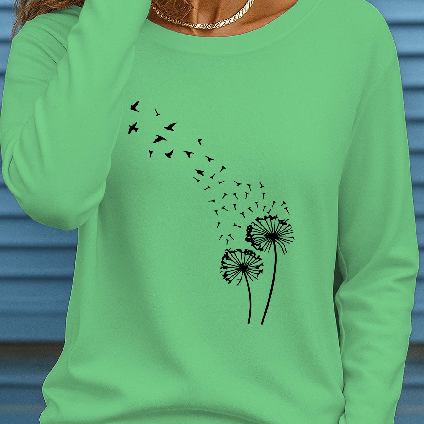 TEMU Damen Plus Size Oversized Langarm Rundhals T-Shirt mit Löwenzahndruck – Casual Winterbluse, Mitteldehnbarer Stoff für Herbst/Winter Layering,