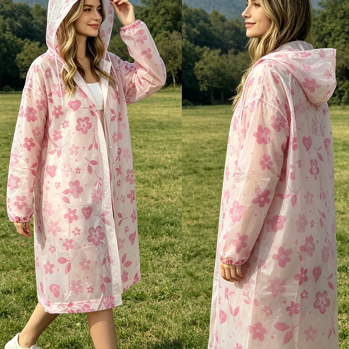 TEMU 1pc Pink Translucent Floral Long Raincoat, Portable Foldable Disposable Poncho, For Outdoor Travel, Camping, And Commuting, Hooded Loose-fitting