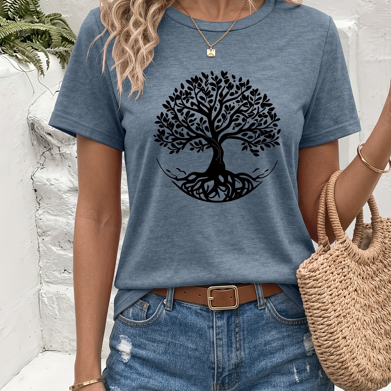 TEMU Tree Of Printed Round Neck Colored T-shirt, Soft And Comfortable, Summer Round Neck Fashionable T-shirt, Casual And Y, A