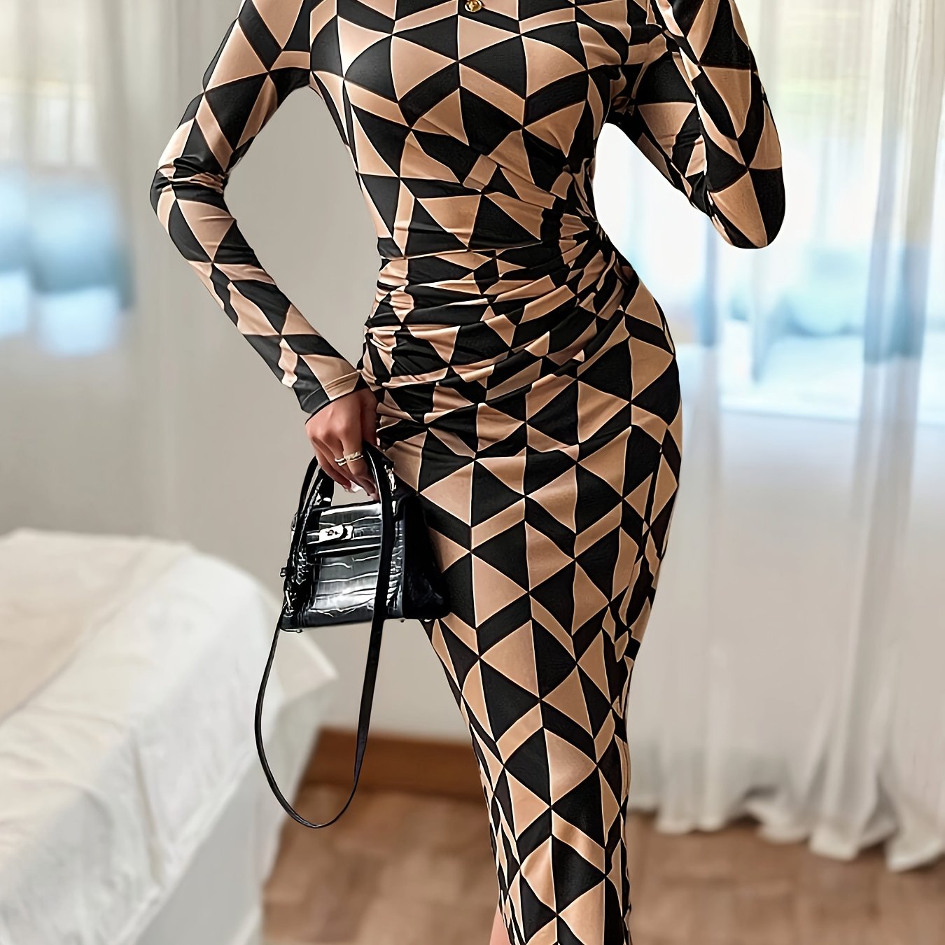 Geometric Pleated High-neck Slit Bodycon Dress