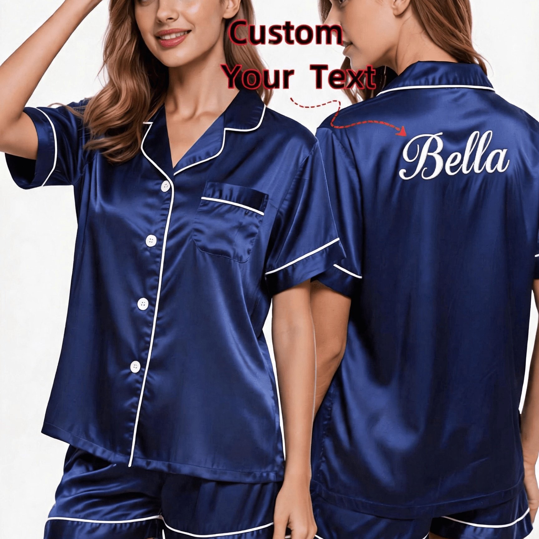 TEMU Women's Embroidered Custom Name Short Sleeve Shorts Pajama Set, Personalized Loungewear With Embroidered Name, , Birthdates, Anniversary Dates,