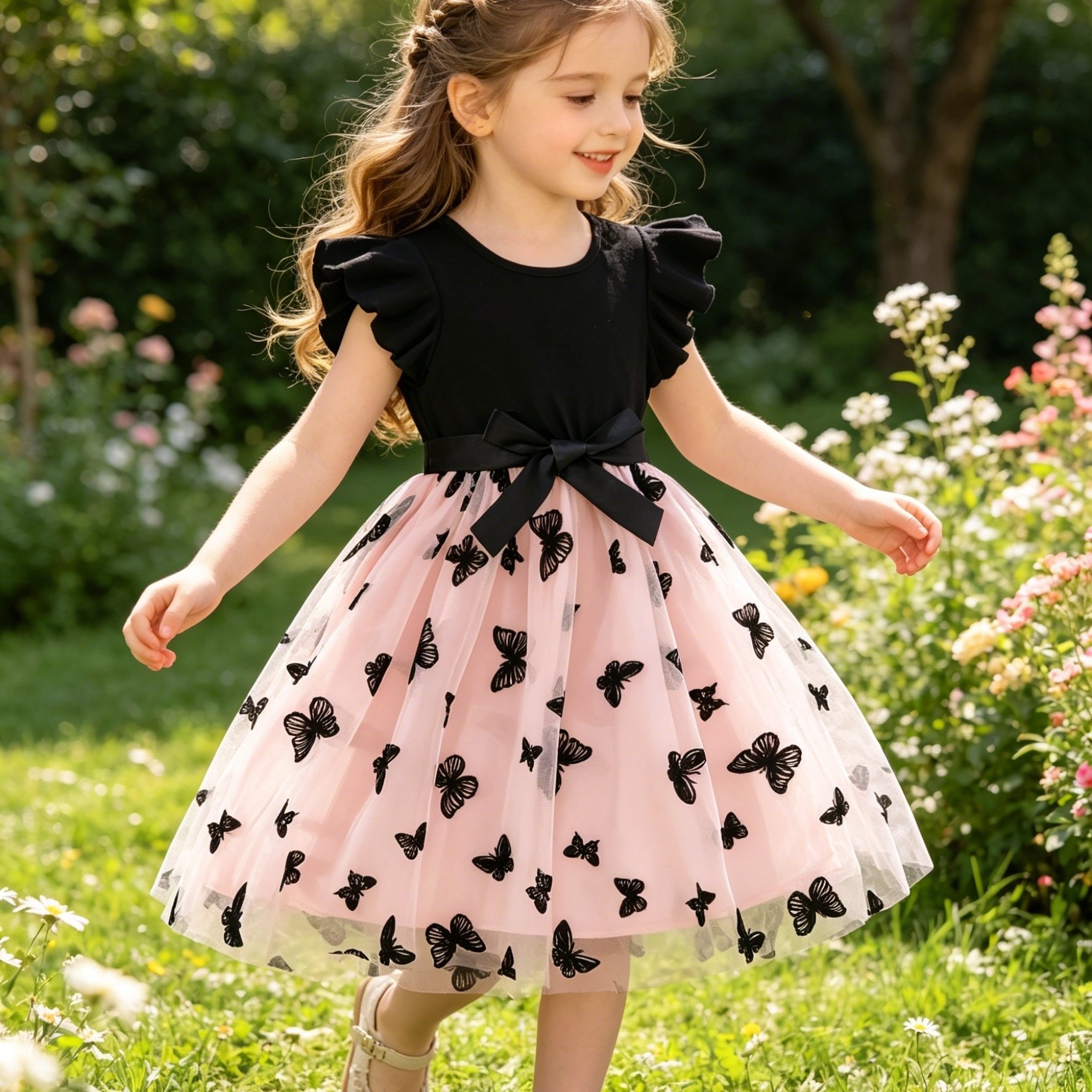 Image of Girls' Dress With Flutter Sleeves, Back With Button-up Detail, Mesh Skirt, Holiday Vacation Beach Party Dress, Gift With Ribbon, Clothing