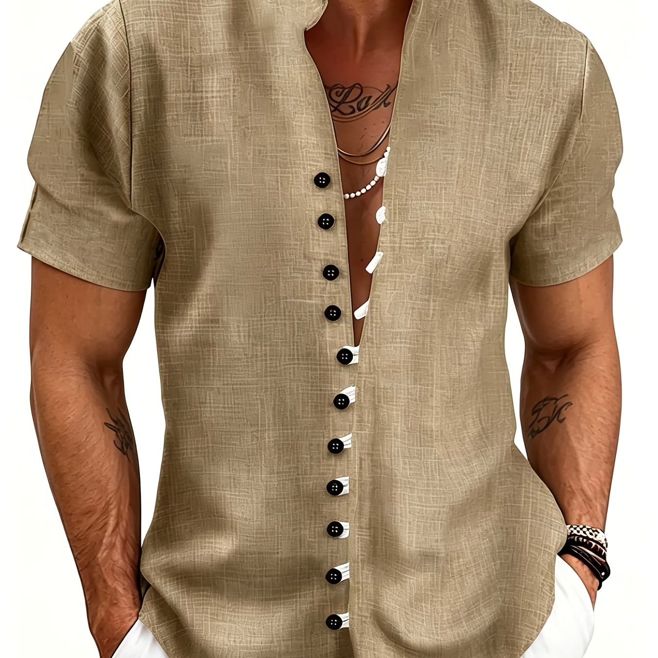 Plus Size Men's Casual Shirt Faux Linen Art Printed Stand Collar Short Sleeve Button Shirt Bohemian Ethnic Tribal Street Style Tops For Beach Vacation Summer And Wear