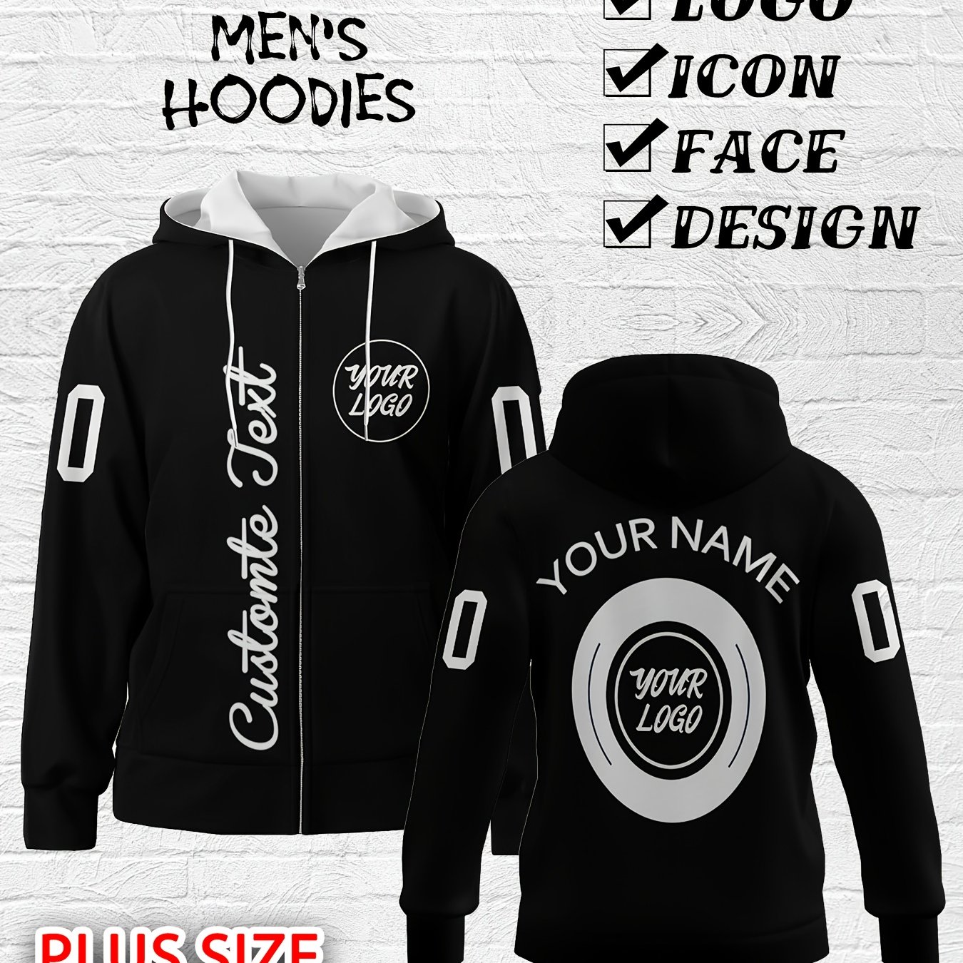 E-shop Personalisierter Herren Zip Hoodie - Benutzerdefinierter Name und Nummer, Logo Design, Athleisure Style, Training und Freizeit,