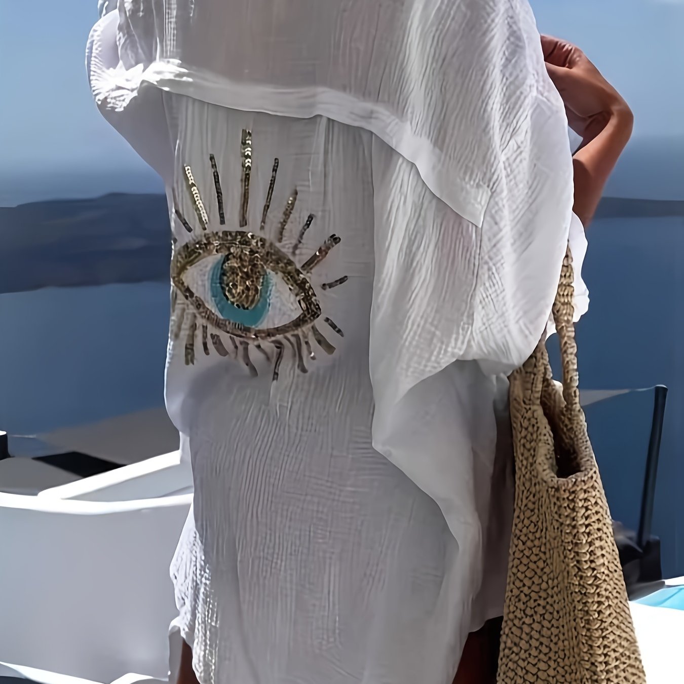 Image of Elegant Embroidered Eye Sequin Blouse - Casual Long Sleeve, Loose Fit Shirt With Batwing Sleeves For Women | Ideal For Spring/summer/fall, Lightweight & Breathable