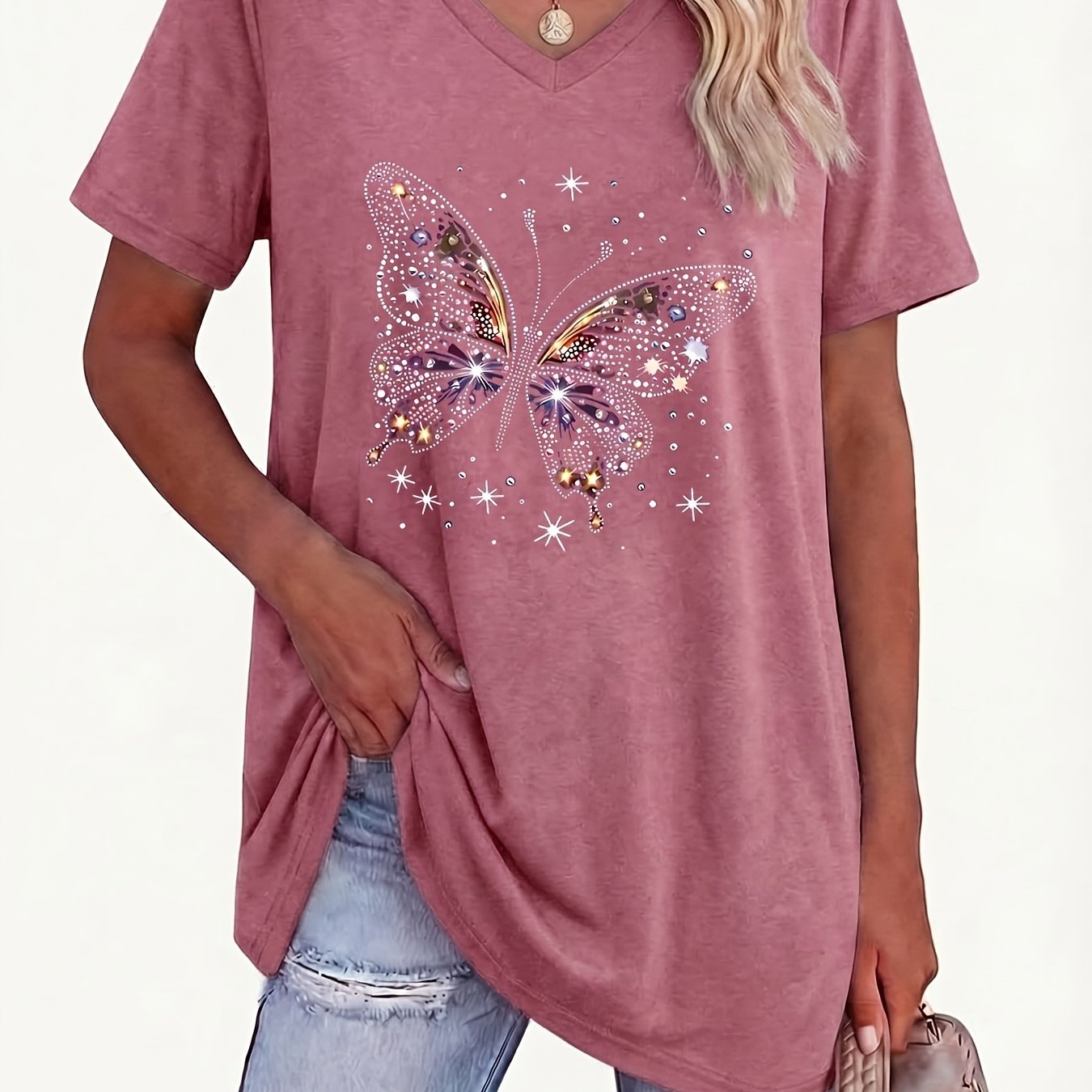 TEMU Plus Size Women's V-neck Geometric Pattern T-shirt