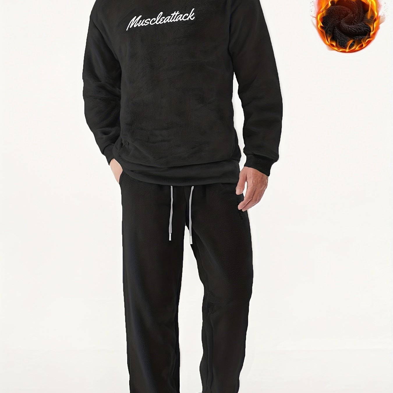 TEMU Kj-w025 kj-c025 Coral Fleece Sweatshirt And Long Pants Set With Embroidered Jacket, Autumn And Winter Plus Size Hooded Men's Outfit, Men's