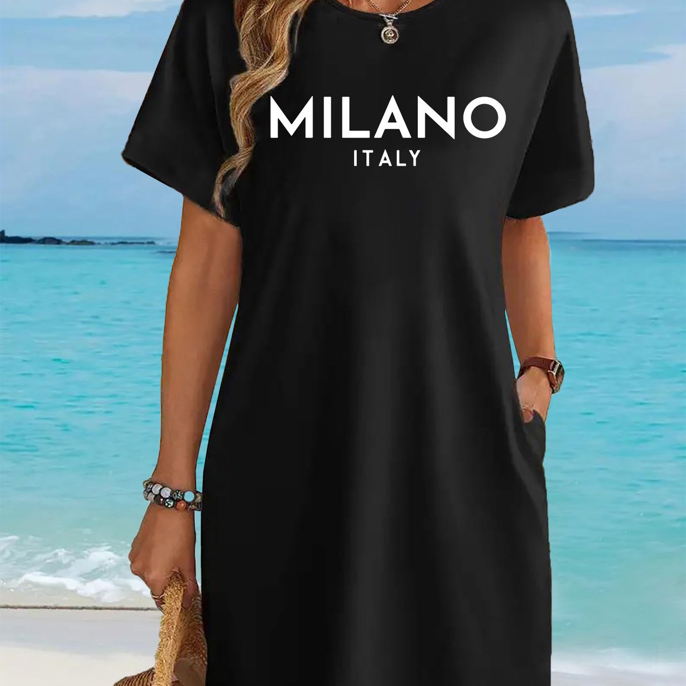 TEMU Robe T-Shirt Manches Courtes Italienne avec Poche - Lettrage Italien & Coupe Détendue - Robe Décontractée à Col Rond - pour Tous , Lavable en