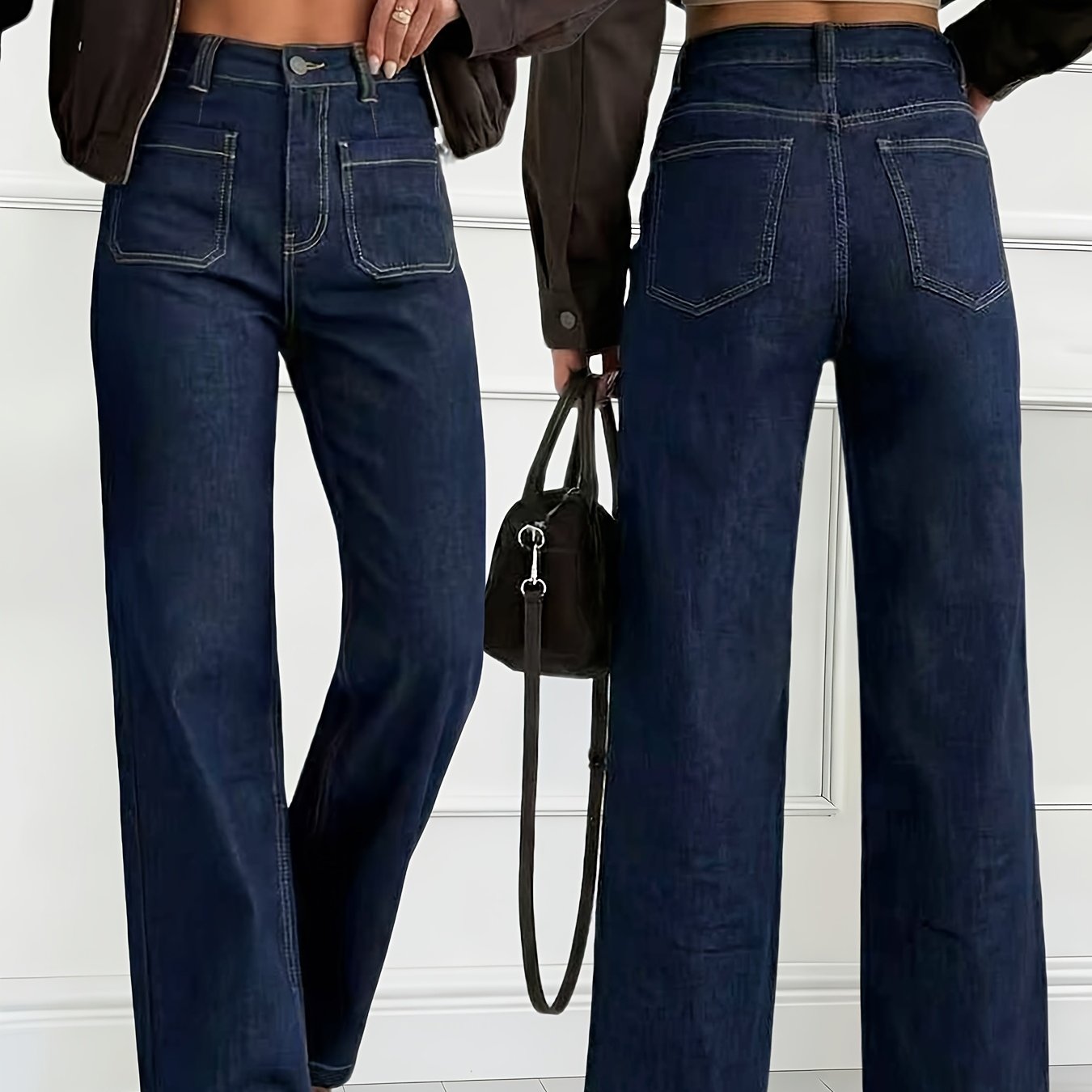 Image of Women's Elastic Straight Pants, Comfortable Version, Worn In , Fashionable Wide -, Pants Head Wide Ears, Dark Blue Washed Denim Trousers
