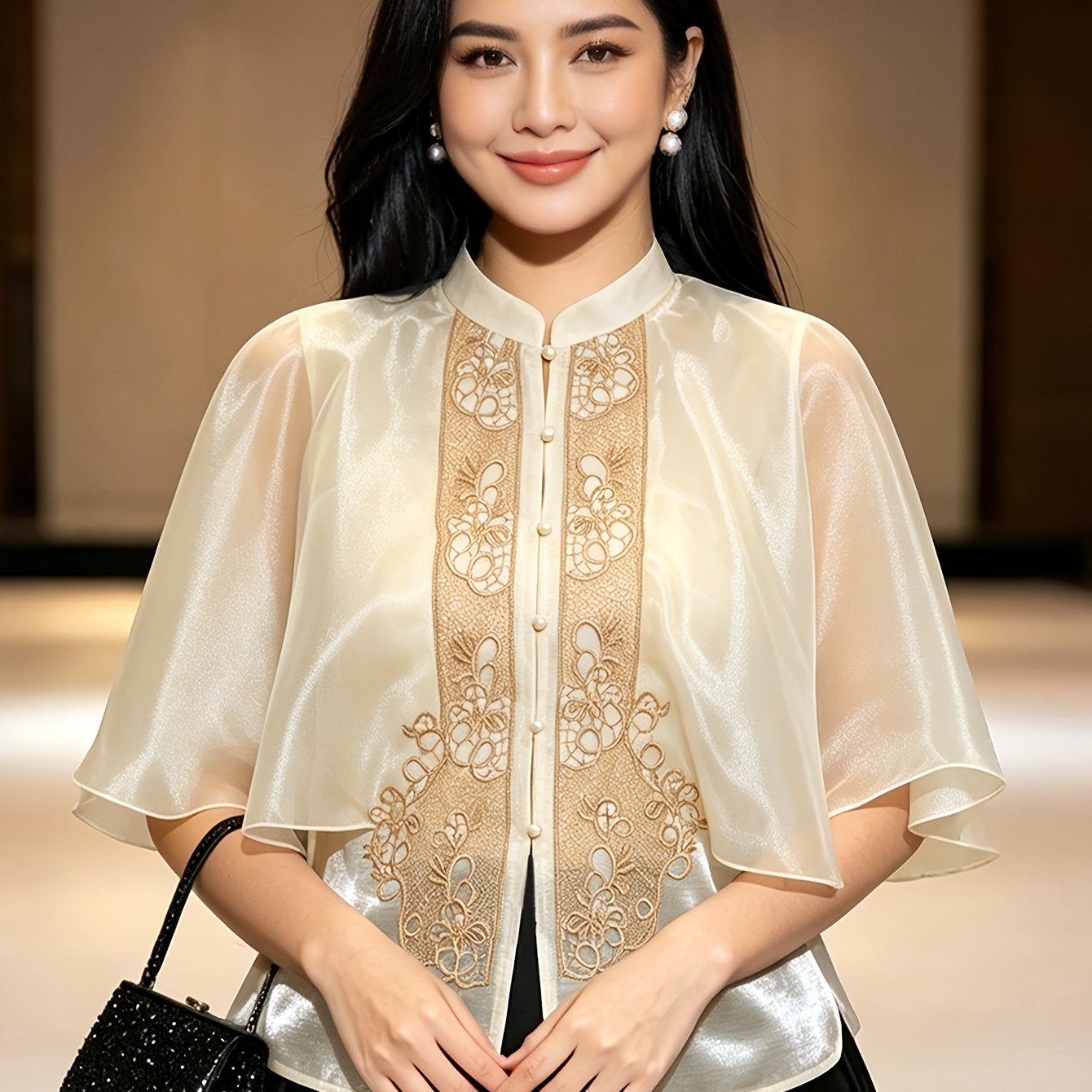 TEMU Blouse 'T pour femmes, haut à col montant avec manches capuche brodées en dentelle, chemise traditionnelle philippine à manches courtes avec en