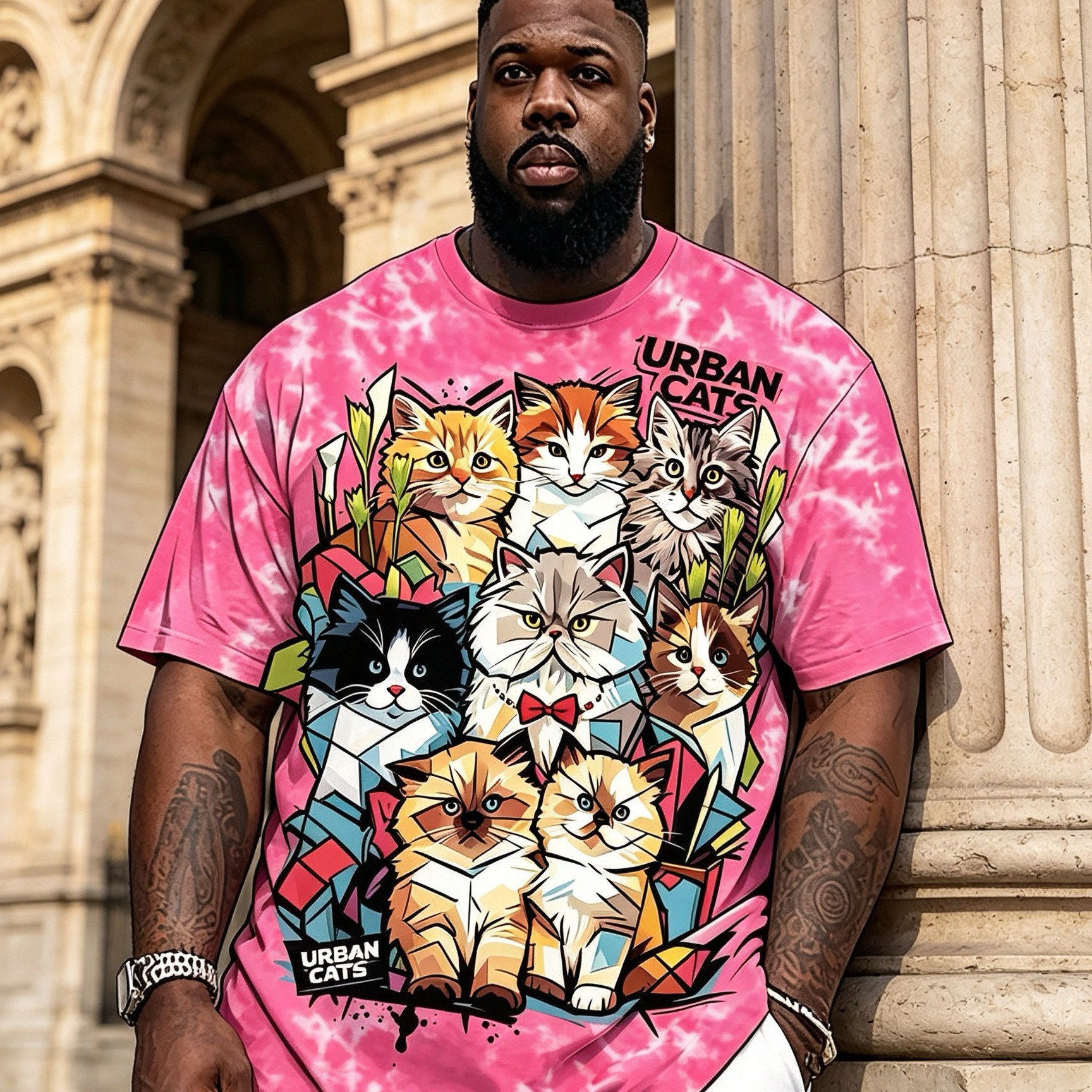 TEMU Plus Size Men's Short Sleeve T-shirt 2xl-9xl, Multiple Cute Cats Cartoon Graffiti Pattern, Loose Neck Top, Micro-stretch Breathable Polyester
