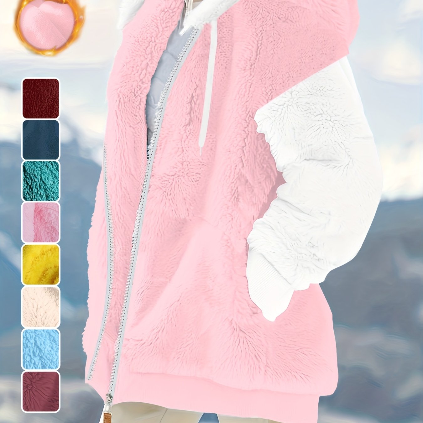 Plus Size - New Arrival Women's Fall Winter Warm Plush Fleece Hooded Jacket | Block Zip Up Loose Fit Outerwear | Cozy Sherpa Teddy Bear Coat With Pockets | Casual Fashion Streetwear For Ladies