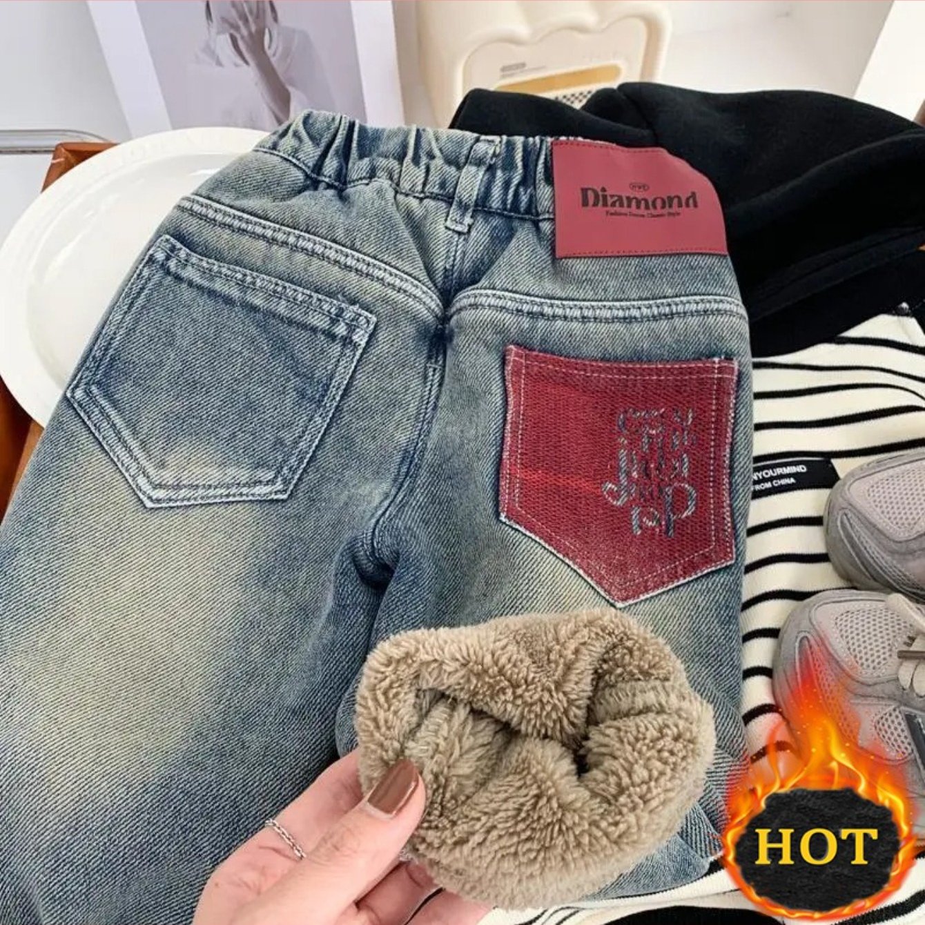 Image of Boys' Winter Denim Pants - Thickened, Fleece-lined (alpaca-style) Trousers; Unisex Style Suitable For Boys And Girls; Stylish Pants For And Kids - Perfect For Christmas, New Year, And Casual Attire.