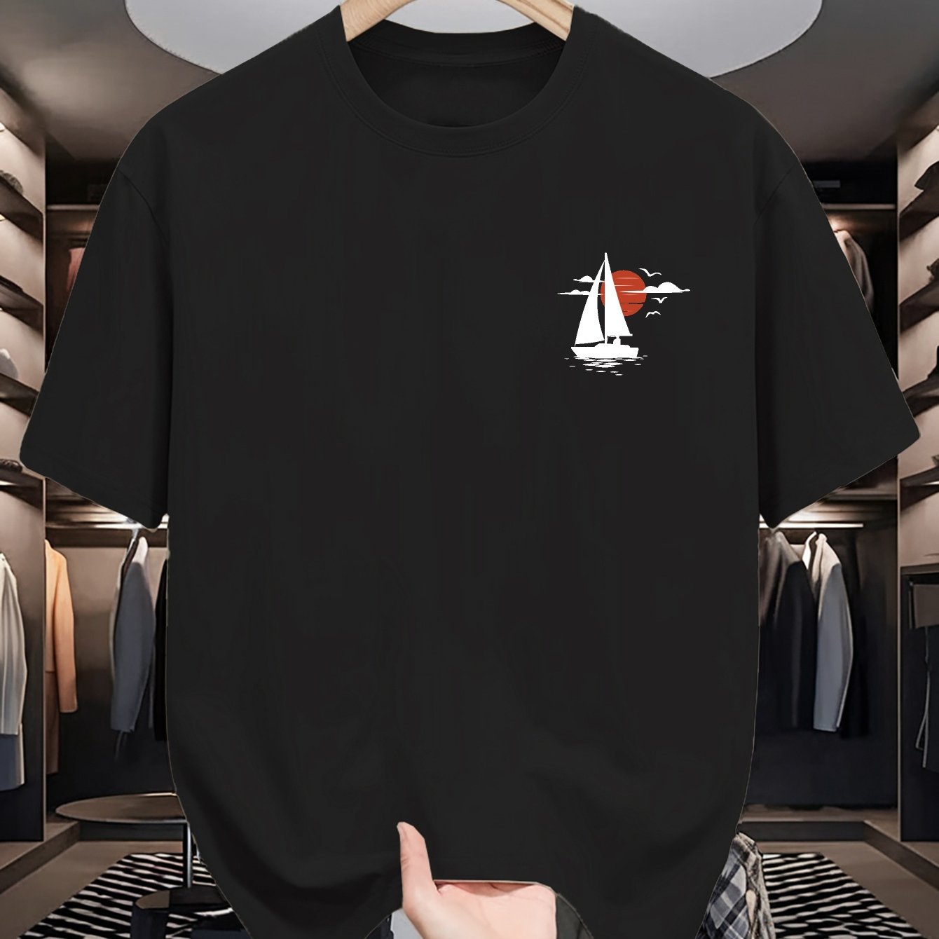 TEMU 0322 Sailing Boat & Sunset Graphic Men's Summer T-shirt - Casual Round Neck, Short Sleeve, Lightweight & Stretchy, Outfits, Casual Summer Top |