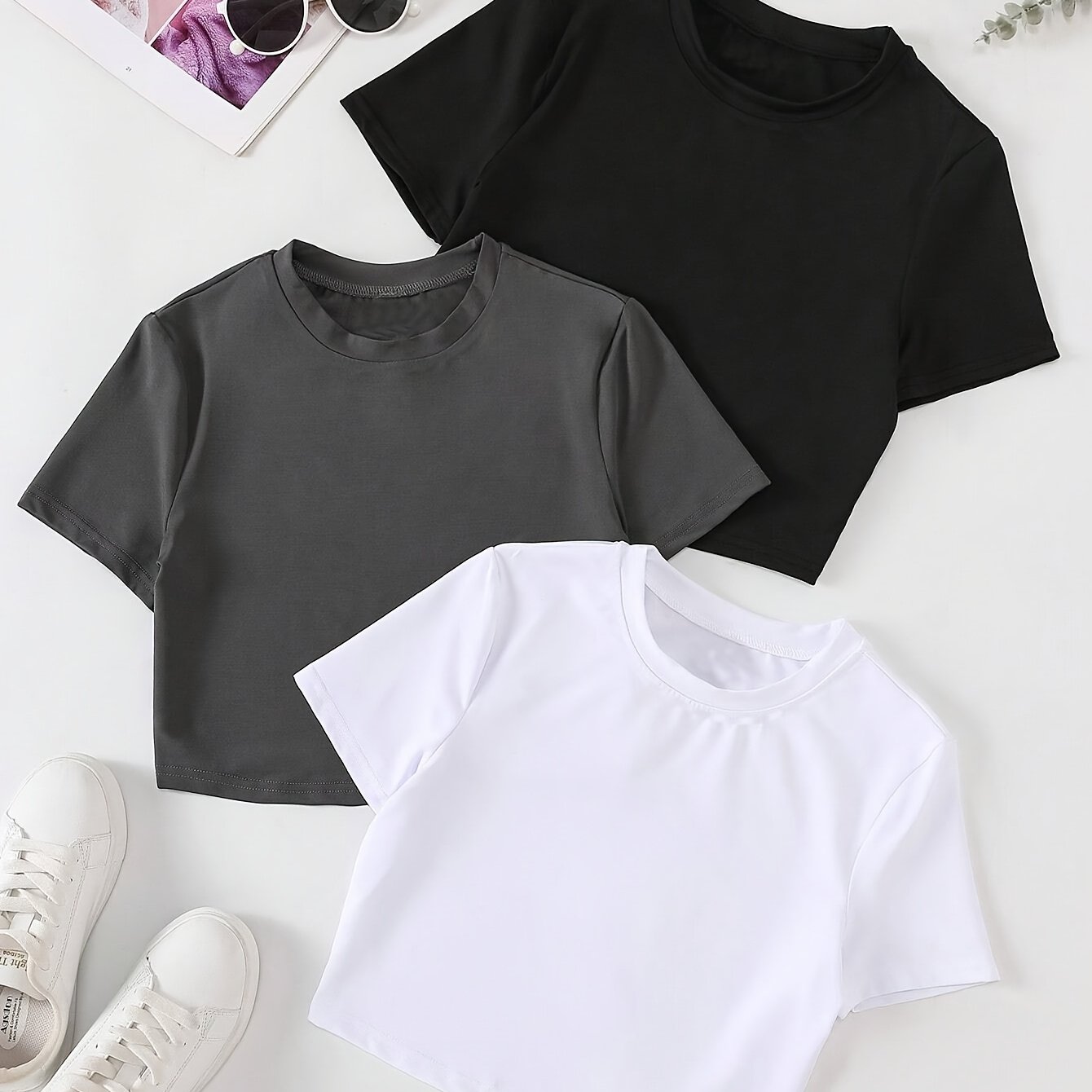 TEMU 3pcs Solid Color Crop T-shirt Set, Women's Slim-fit -shirt