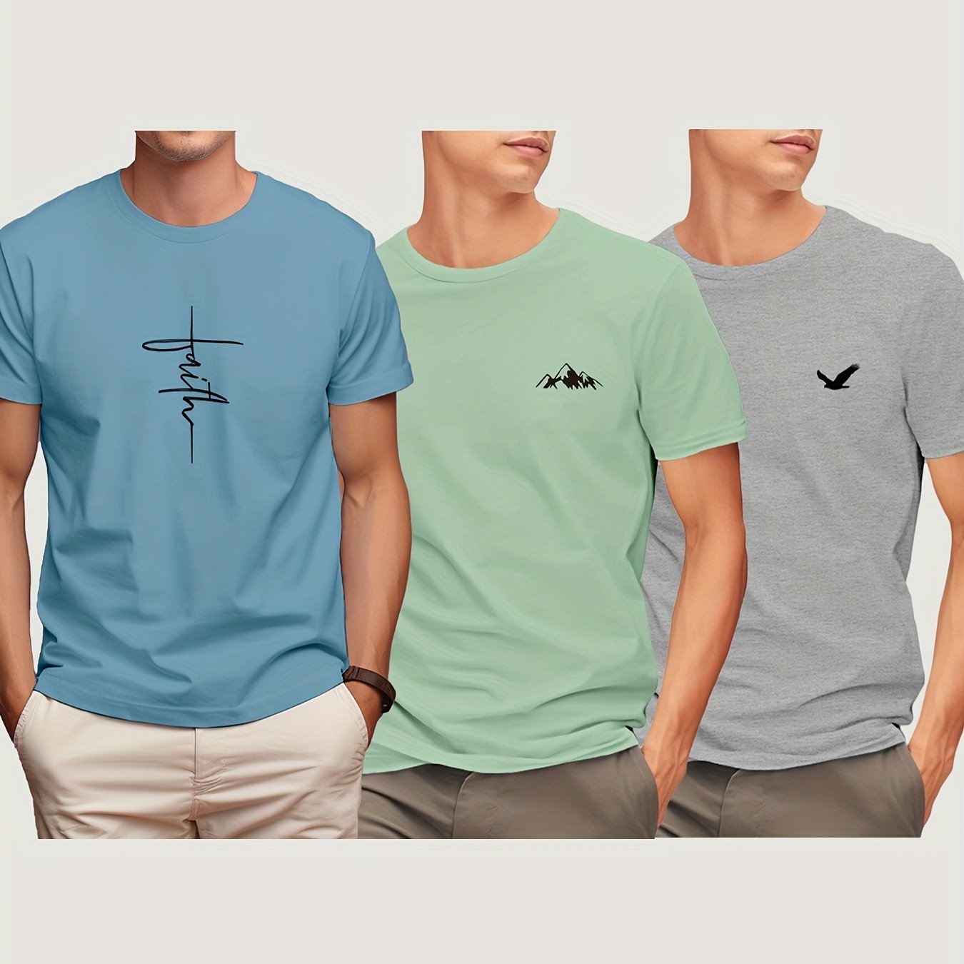 3pcs 180g Cotton Men's Short Sleeve Printed T-shirt